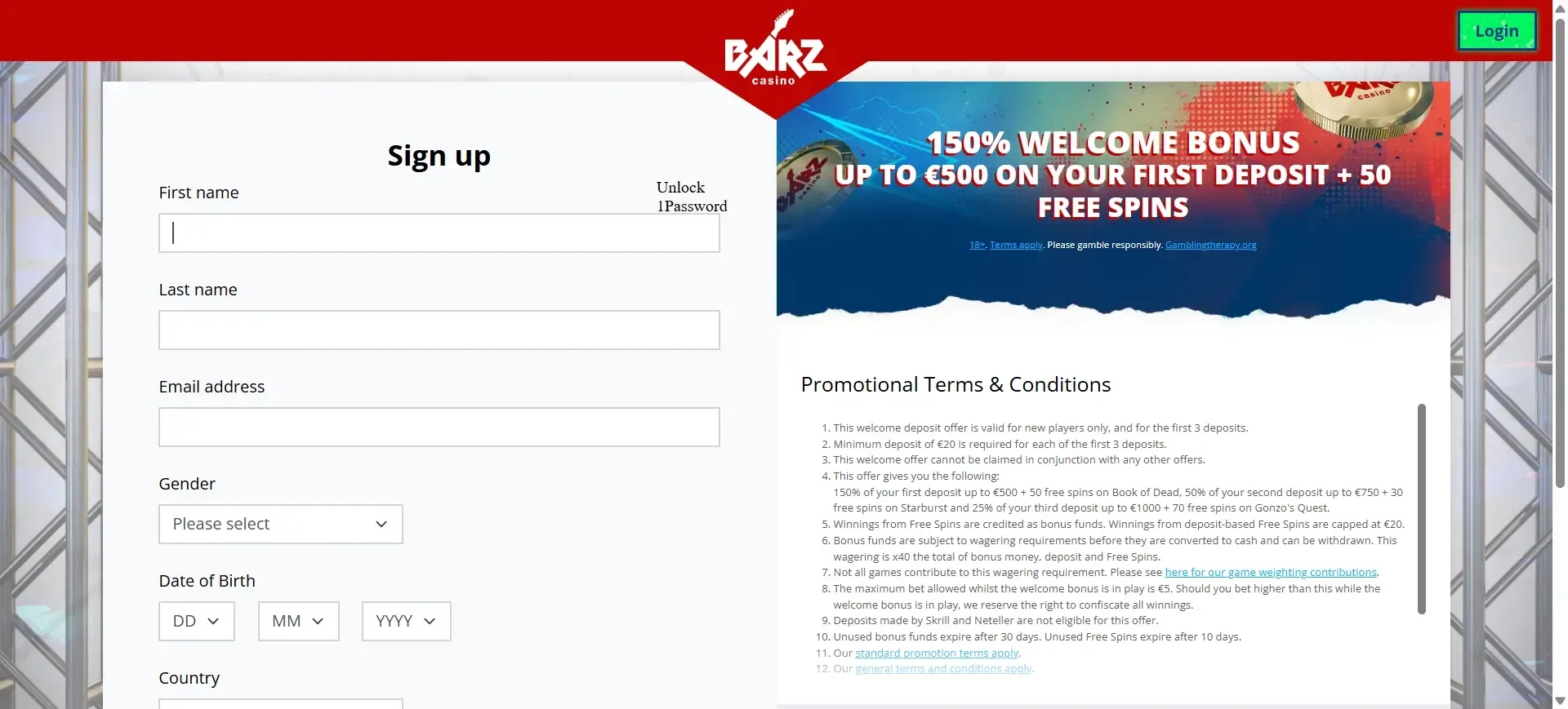 Sign up offer at Barz casino
