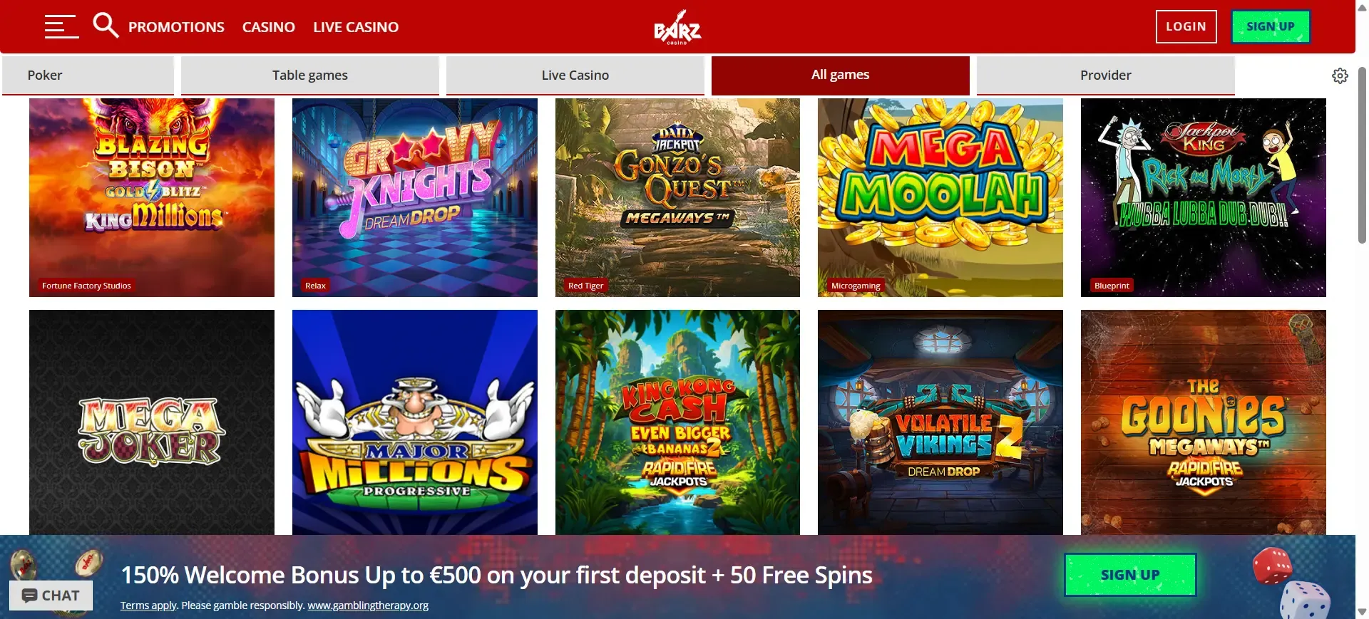 Game selection at Barz casino