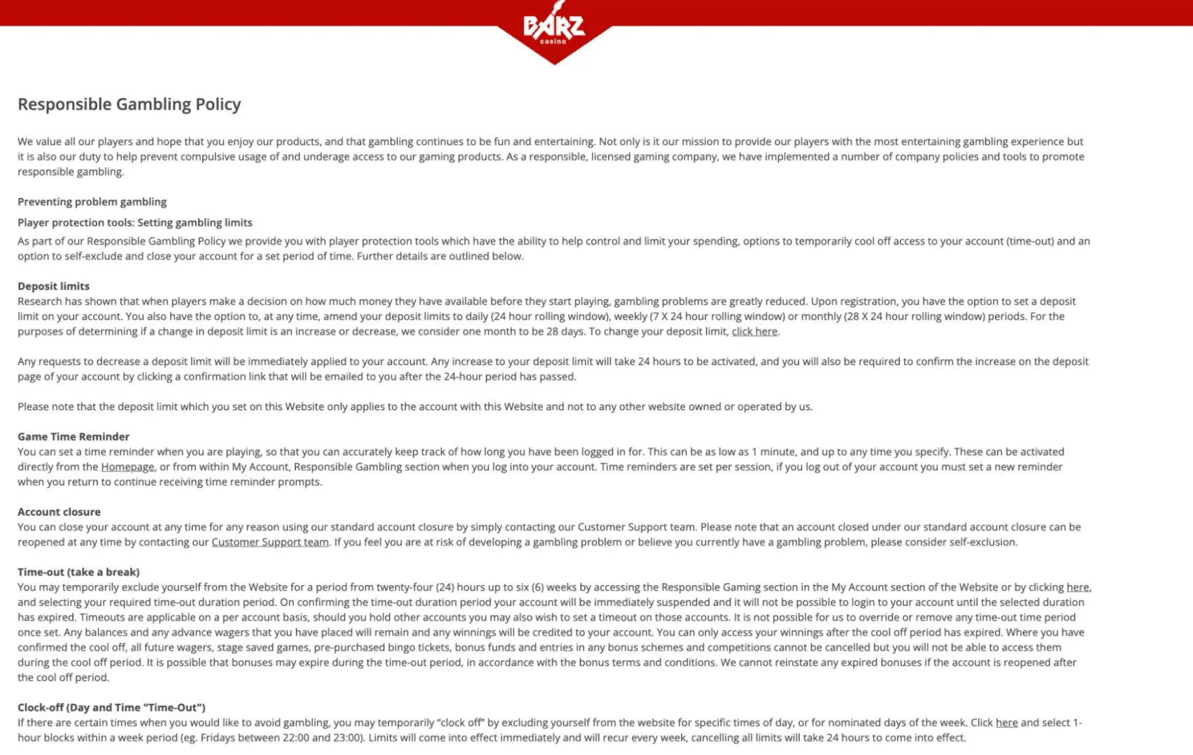 Responsible gambling at Barz casino