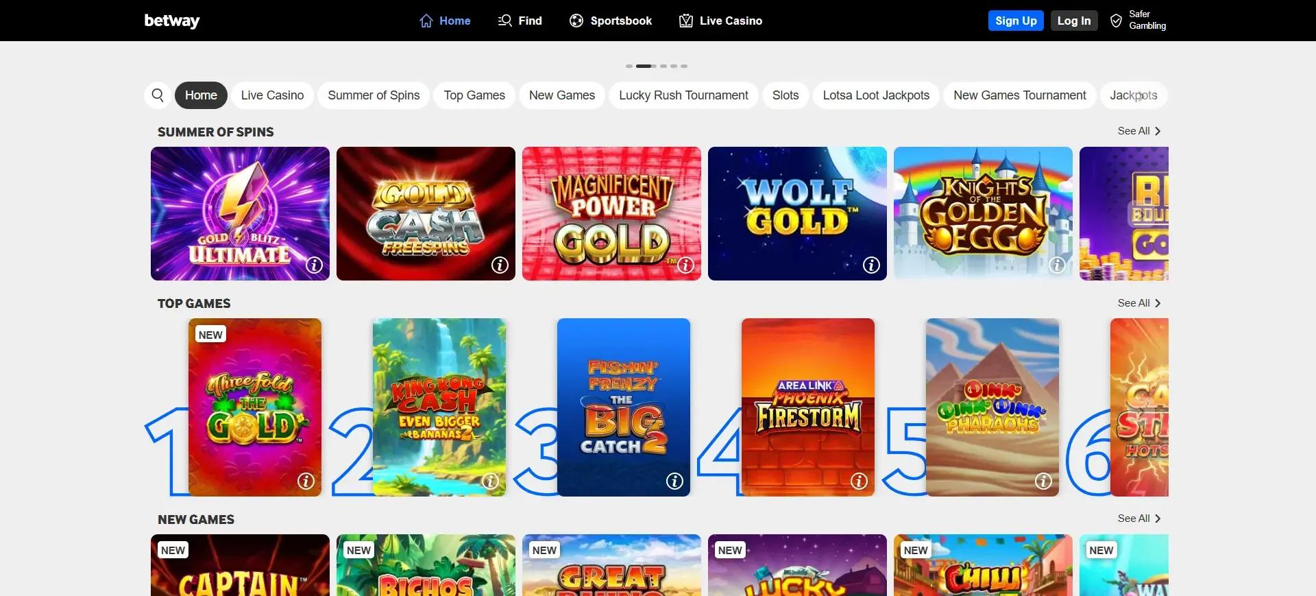 Game selection at Betway casino