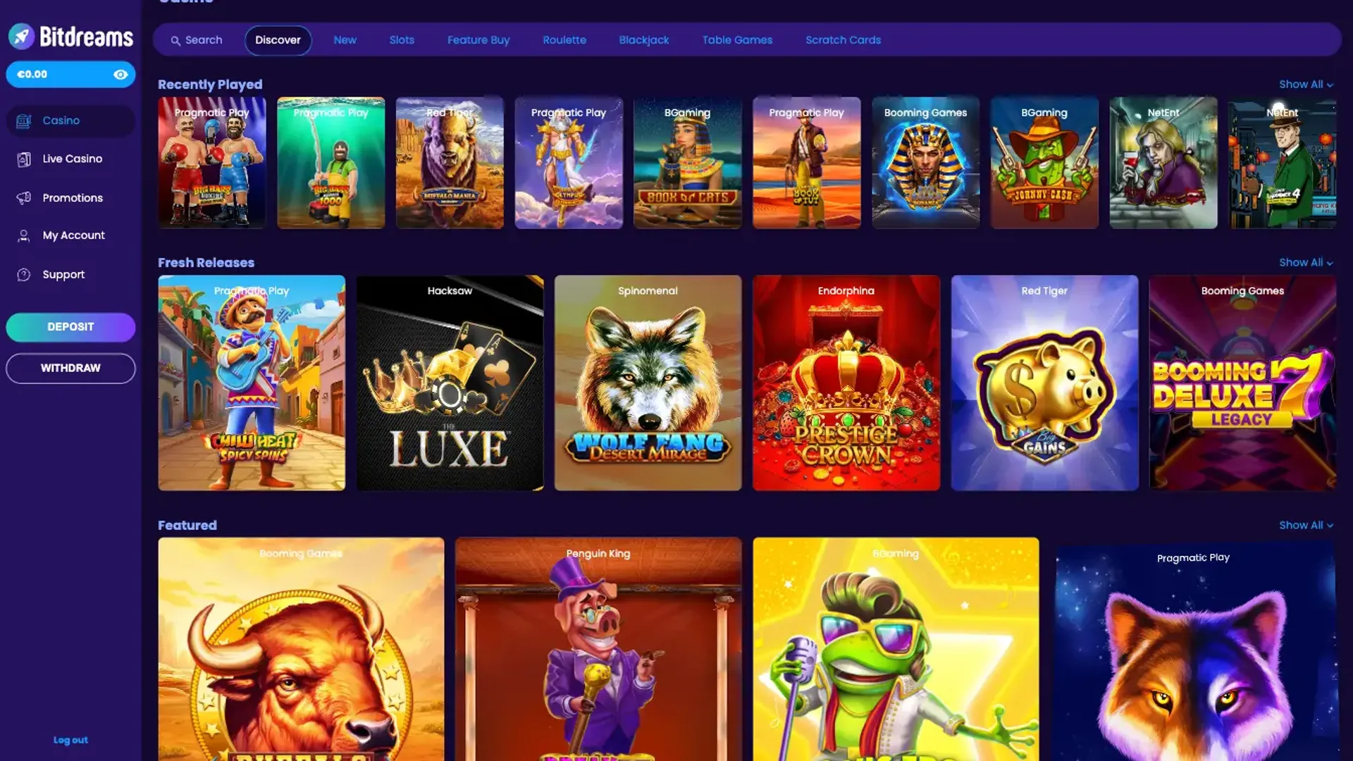 Game selection at Bitdreams
