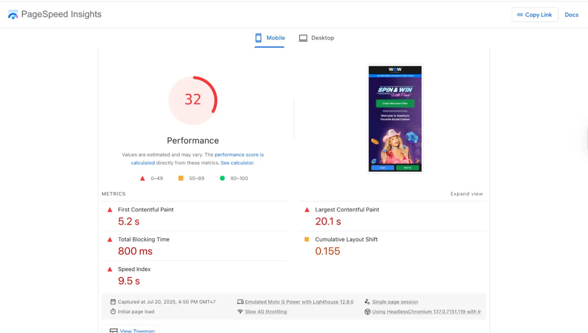 wow vegas page speed