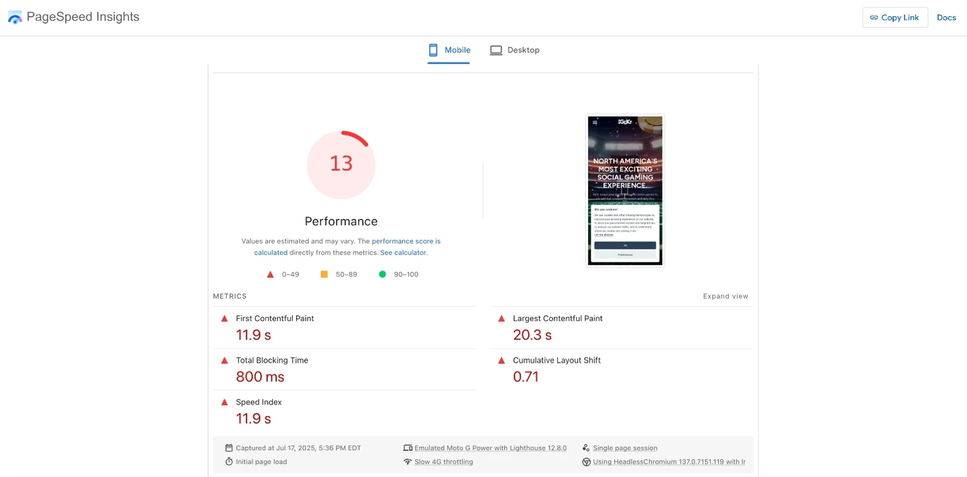 kickr casino page speed