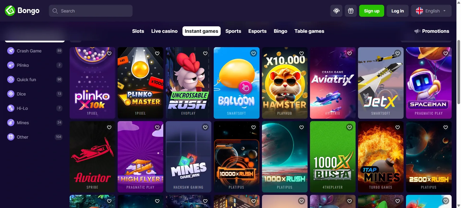 Bongo casino game selection