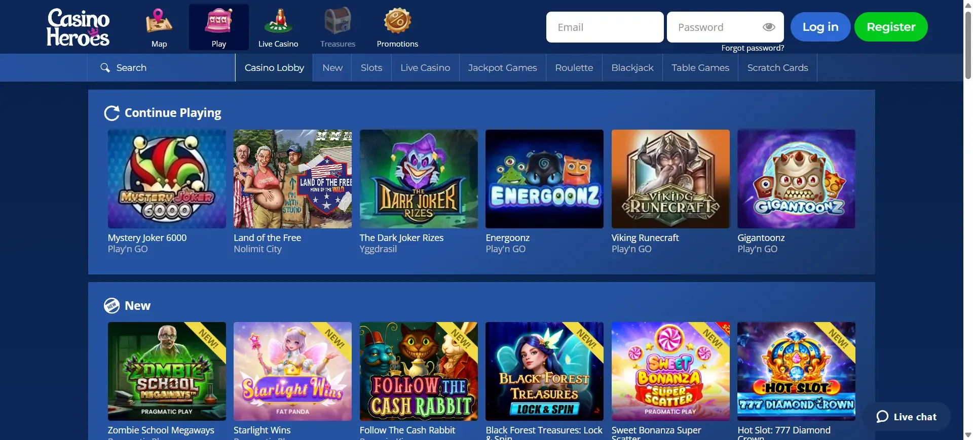 Game selection at Casino Heroes