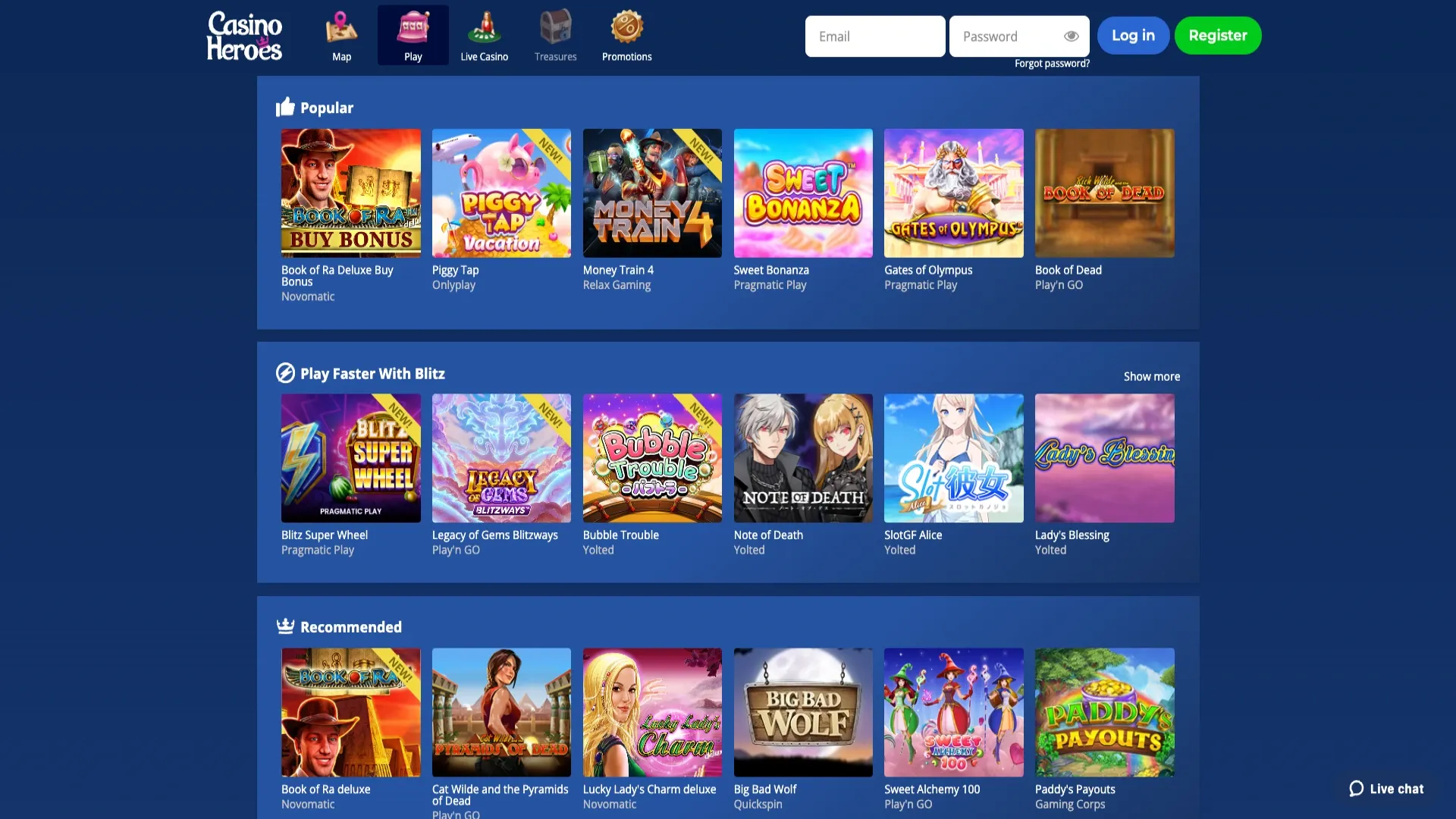 Game selection at Casino Heroes
