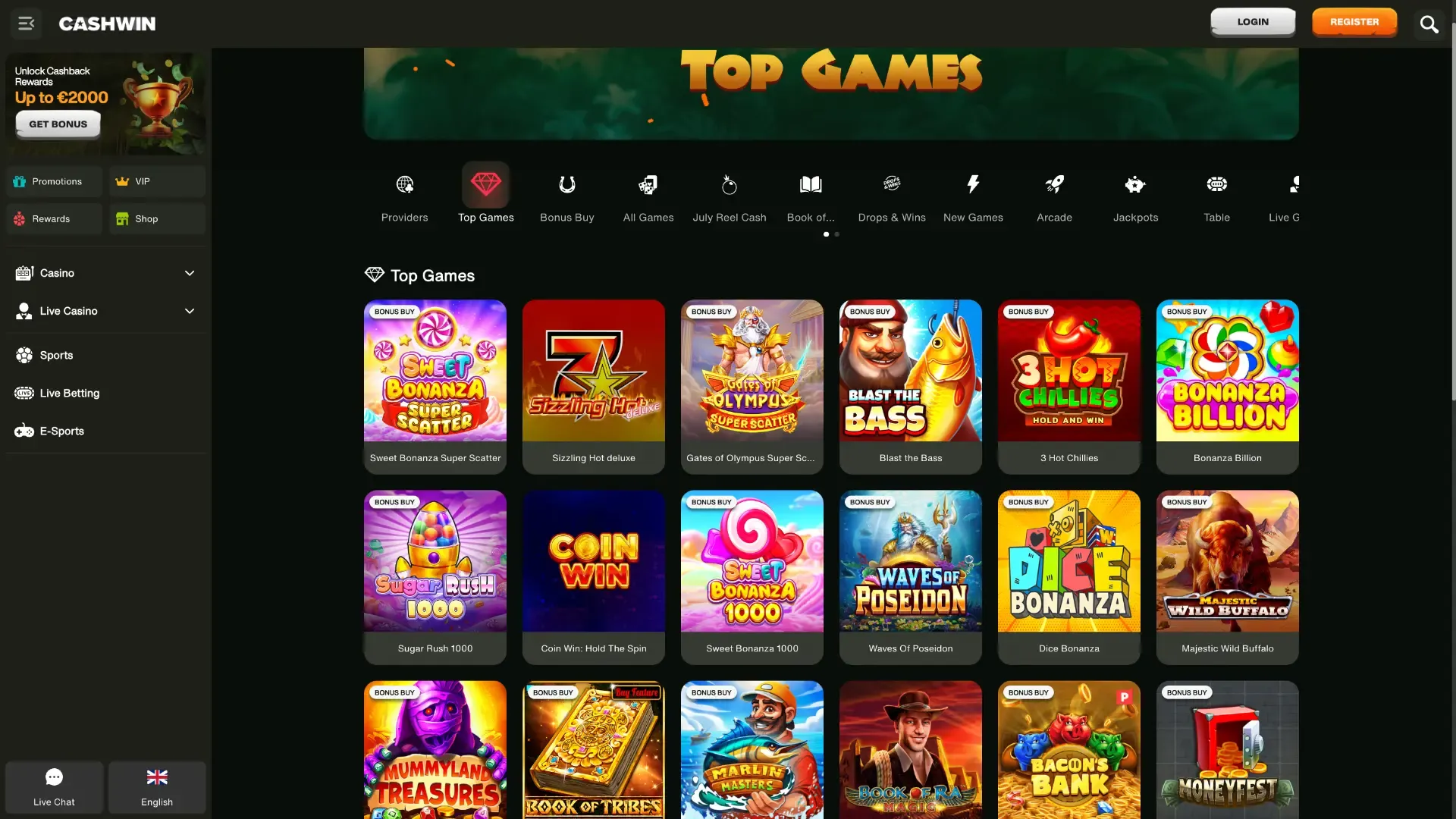 Cashwin casino game selection