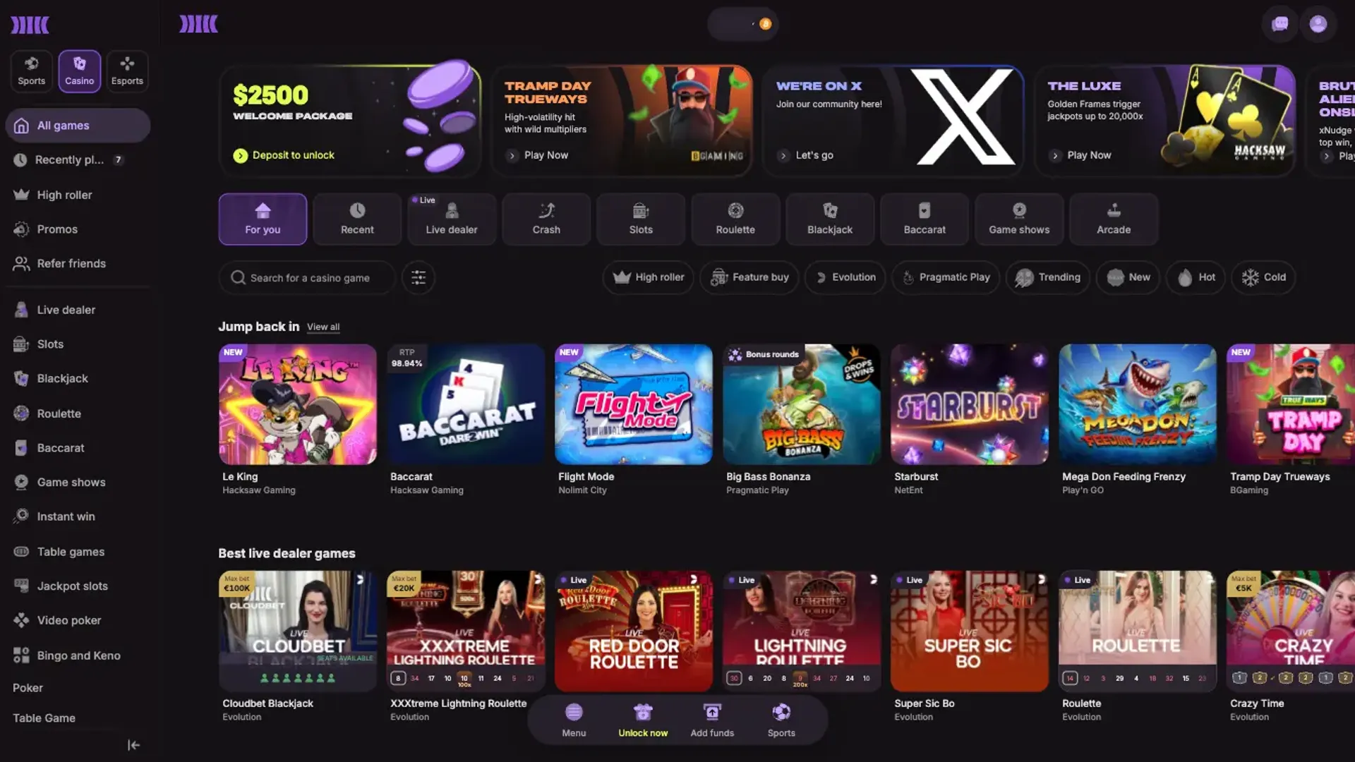 Game selection at Cloudbet