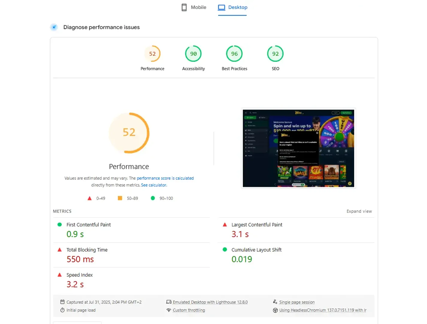 How Winz site performed
