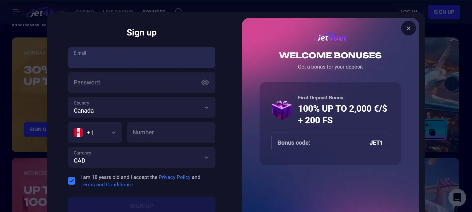 Jet4Bet sign up bonus
