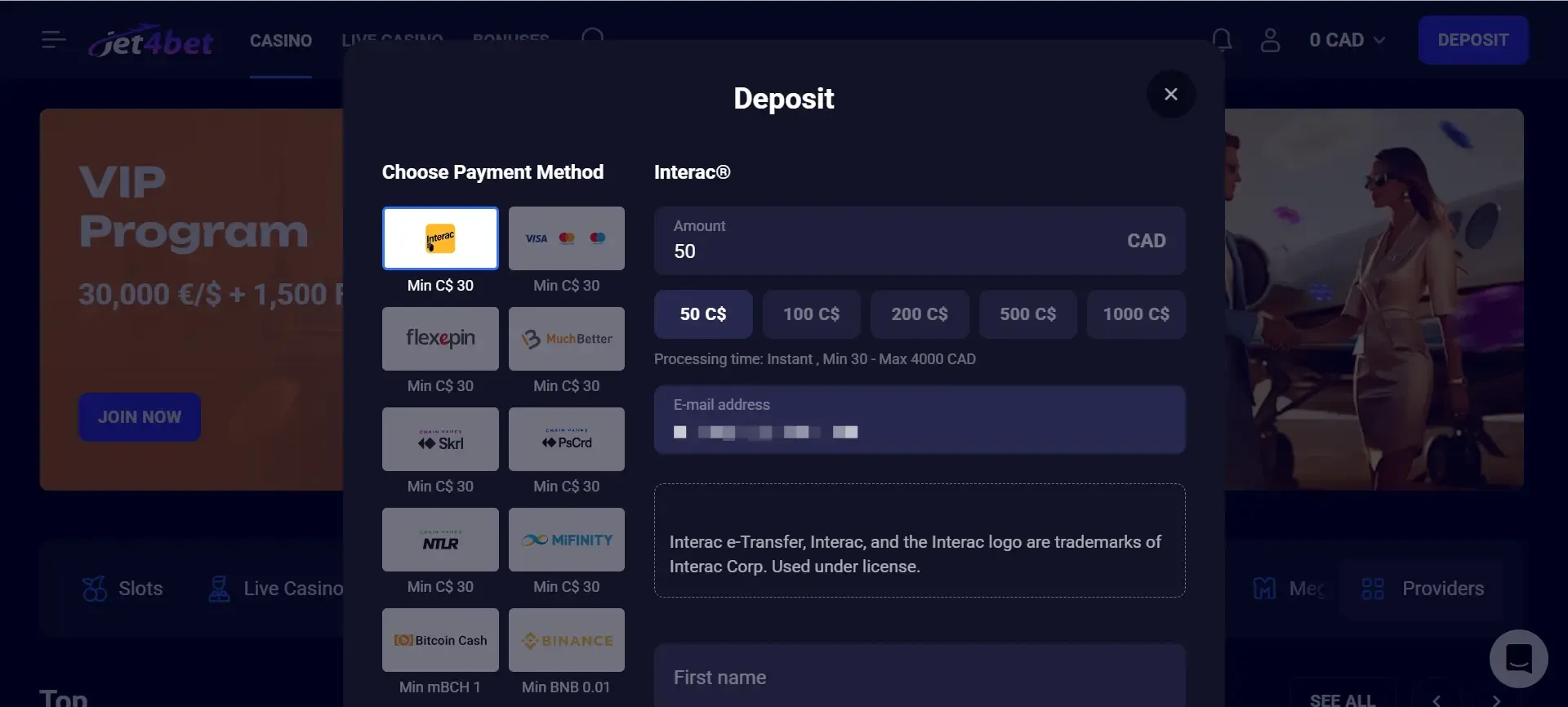 Jet4Bet making a deposit when signing up