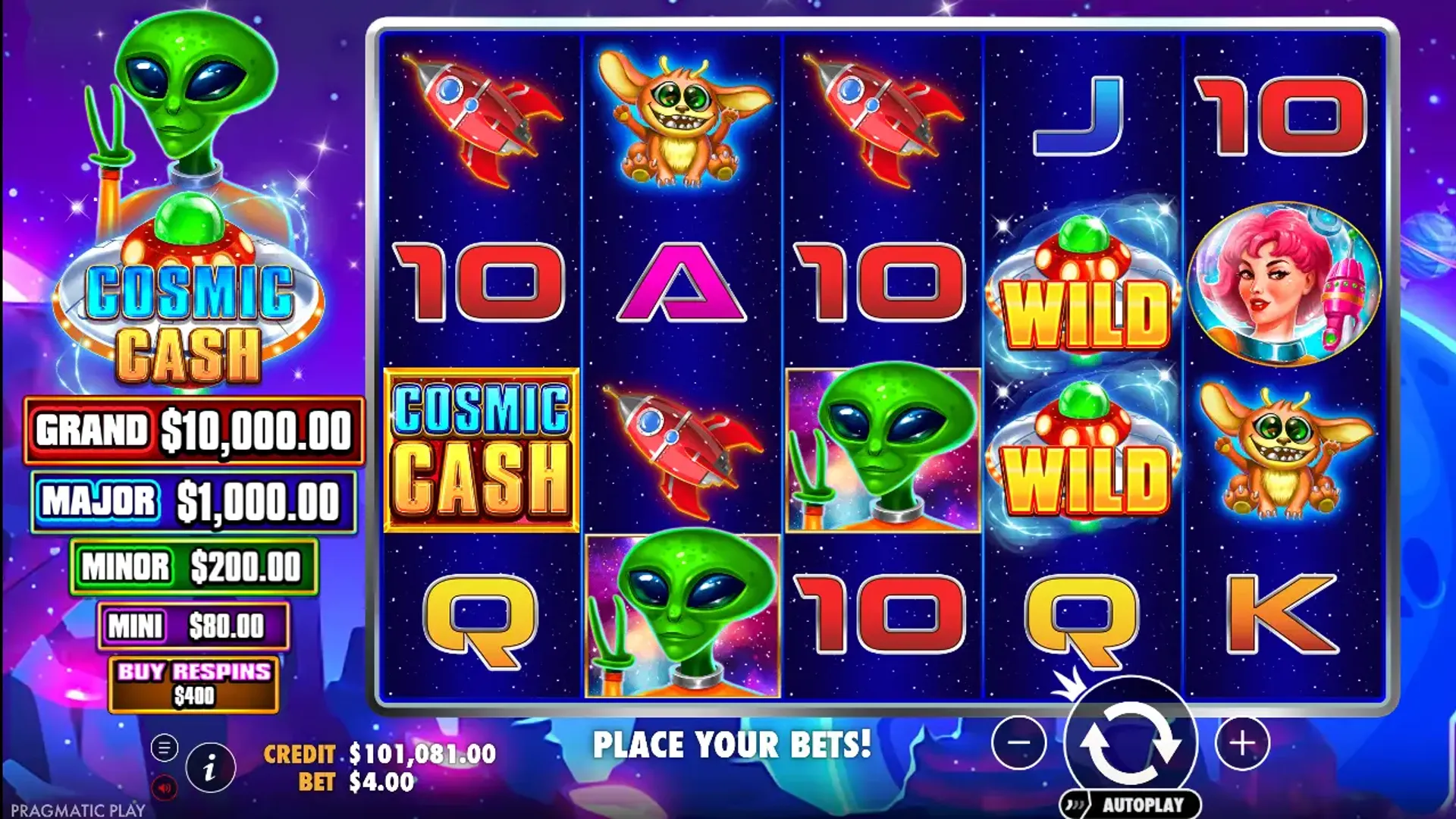 Juego base en la slot Cosmic Cash
