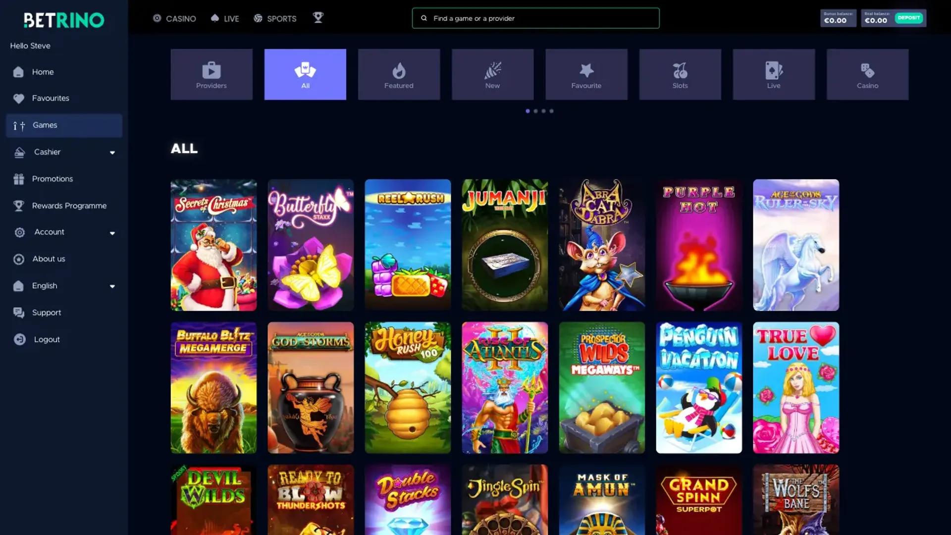 Game selection at Betrino