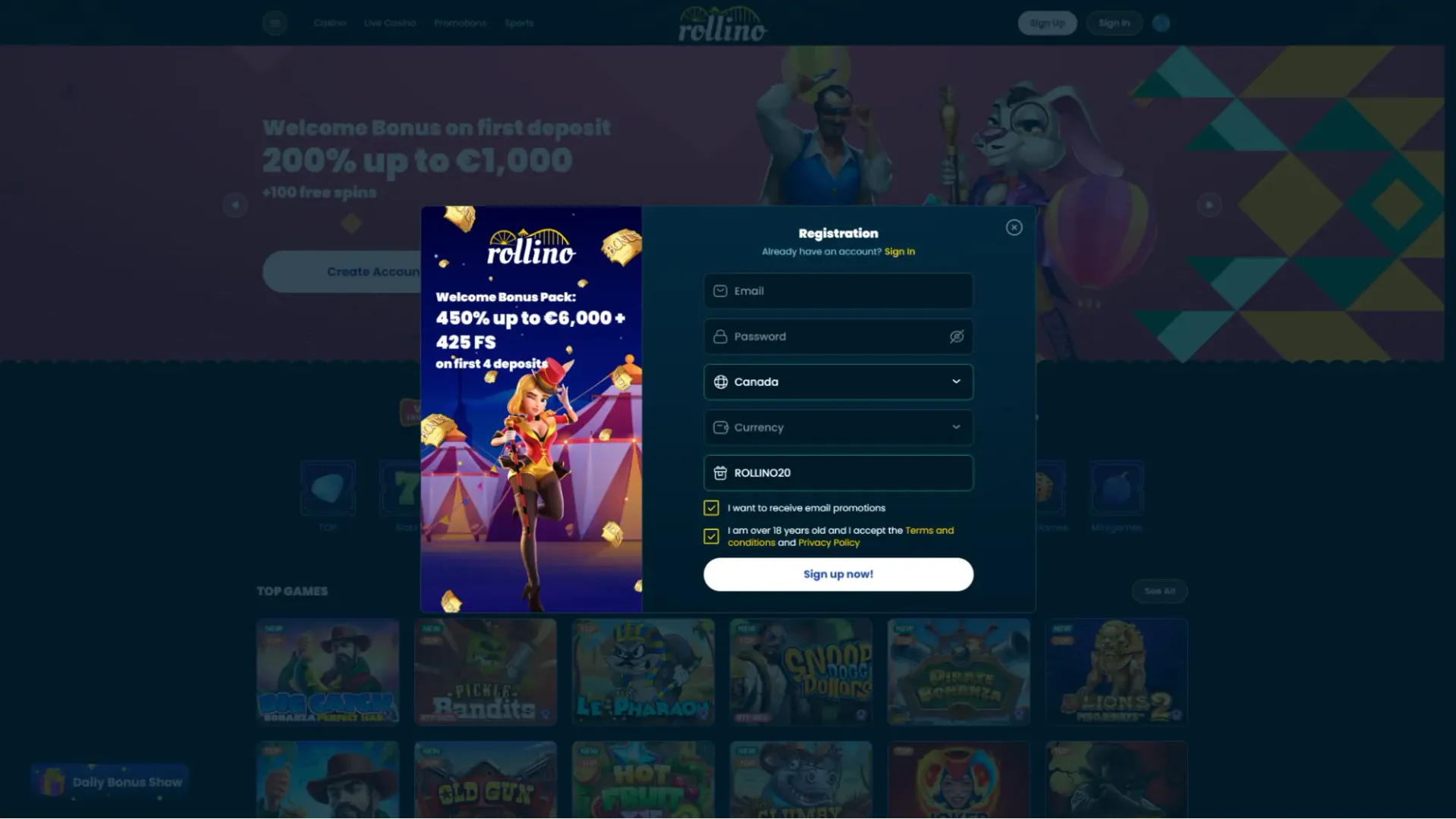 Rollino casino registration