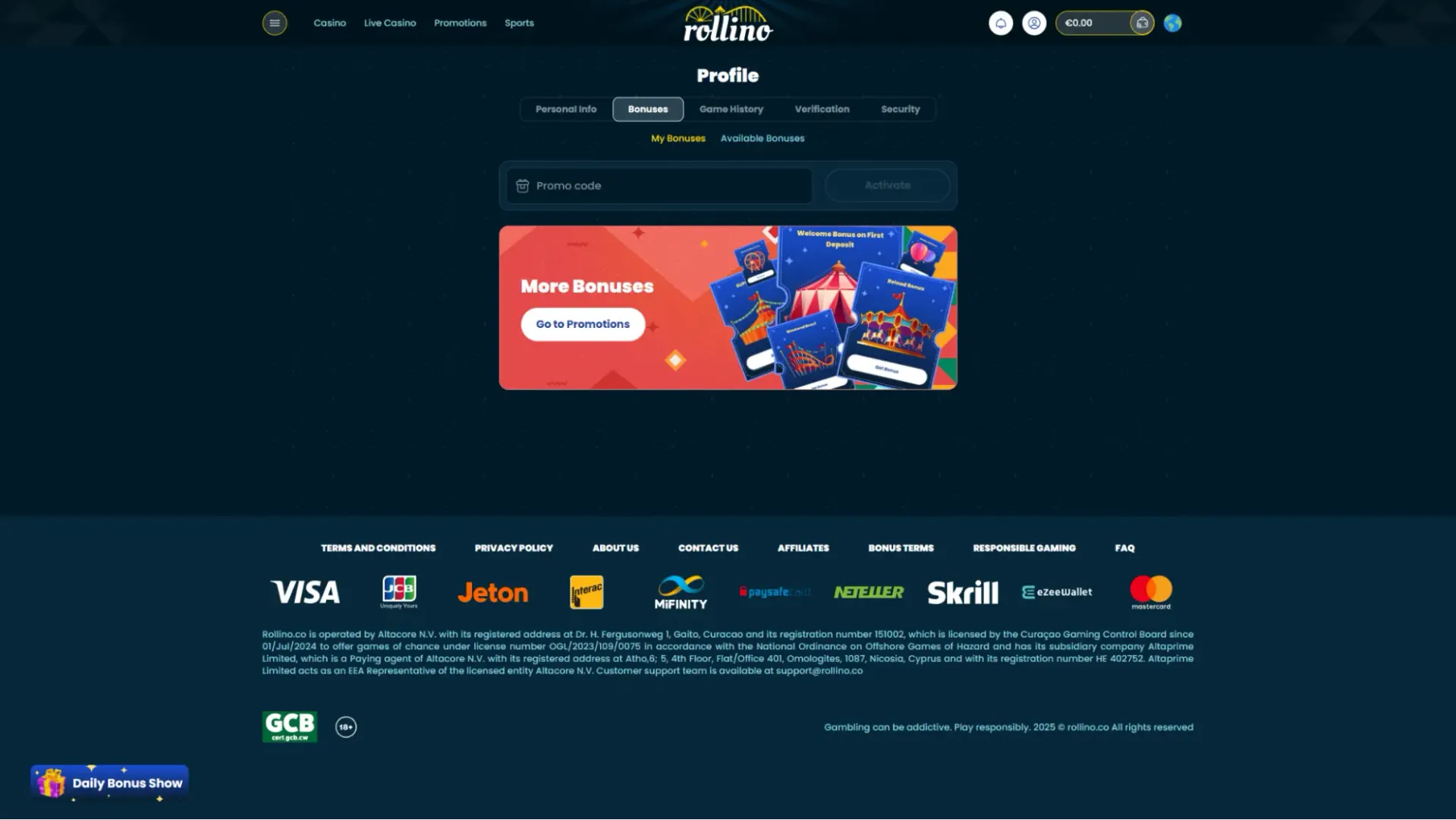 Rollino casino bonuses
