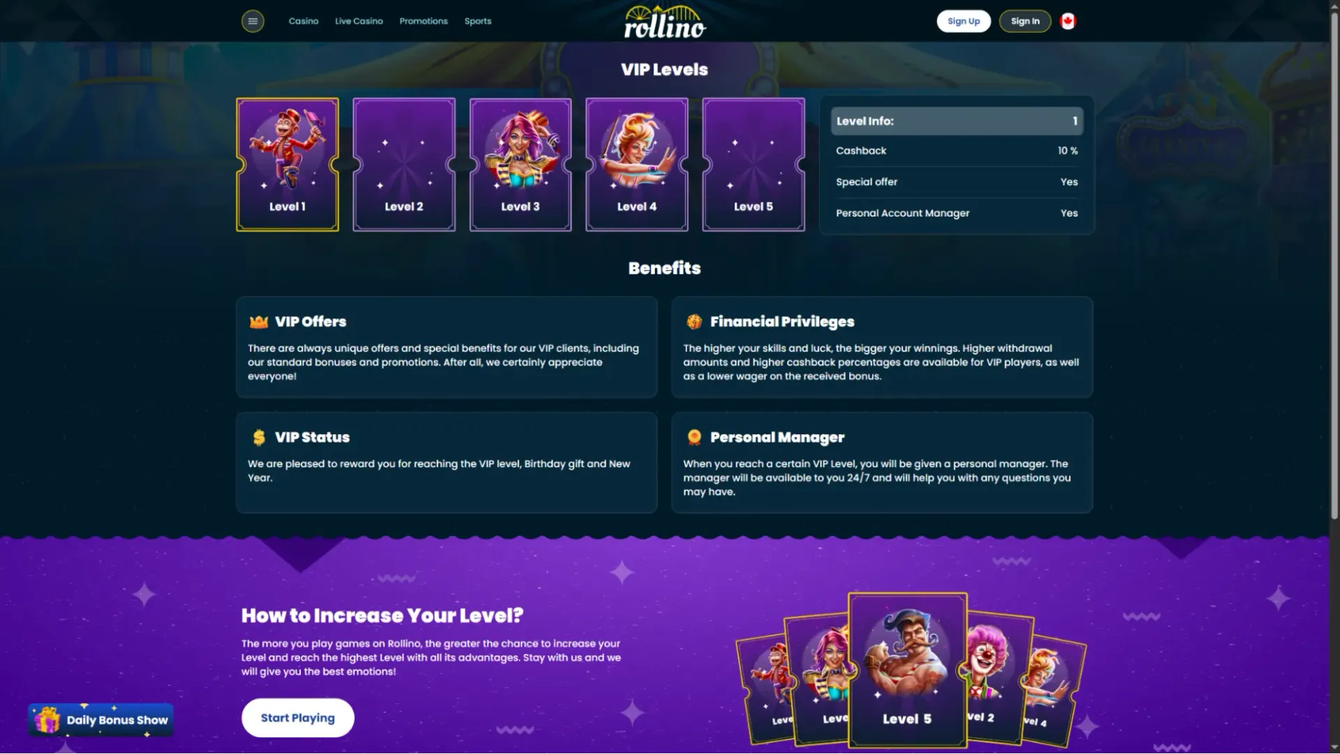 Rollino casino vip levels