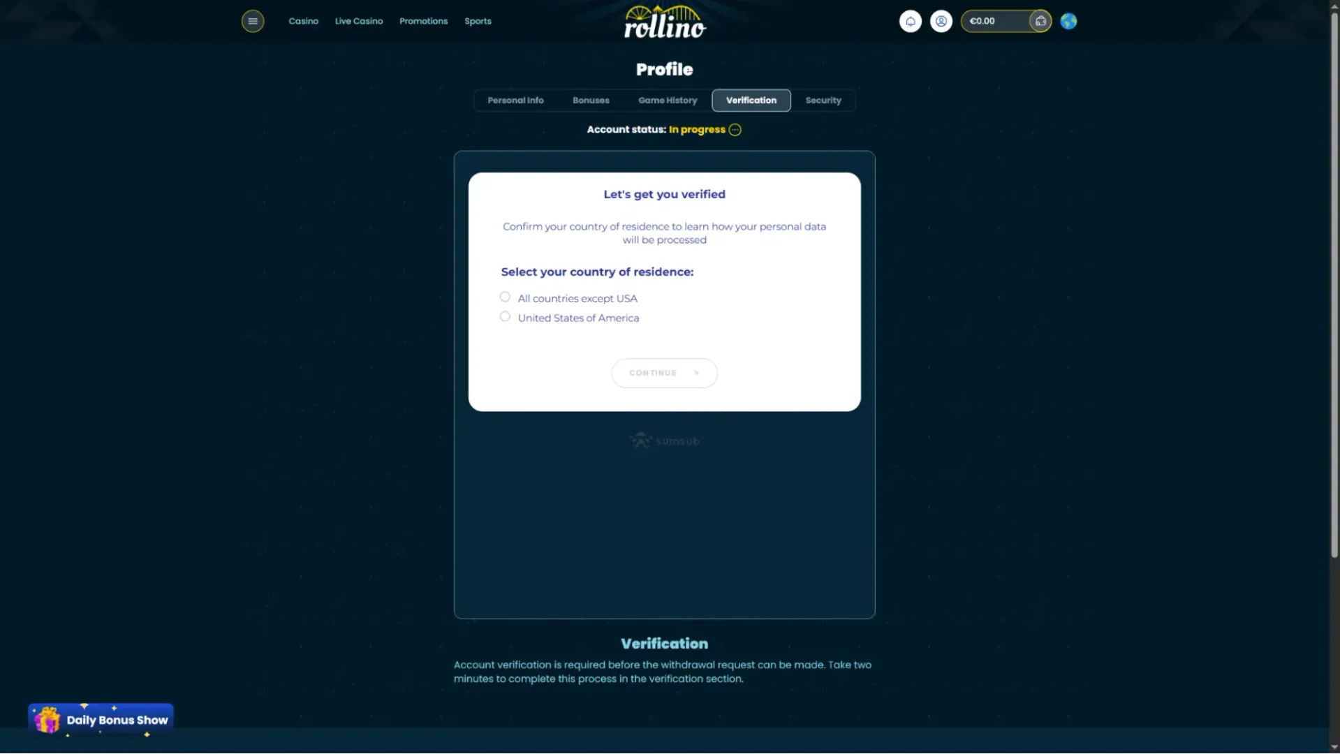 Rollino casino verification