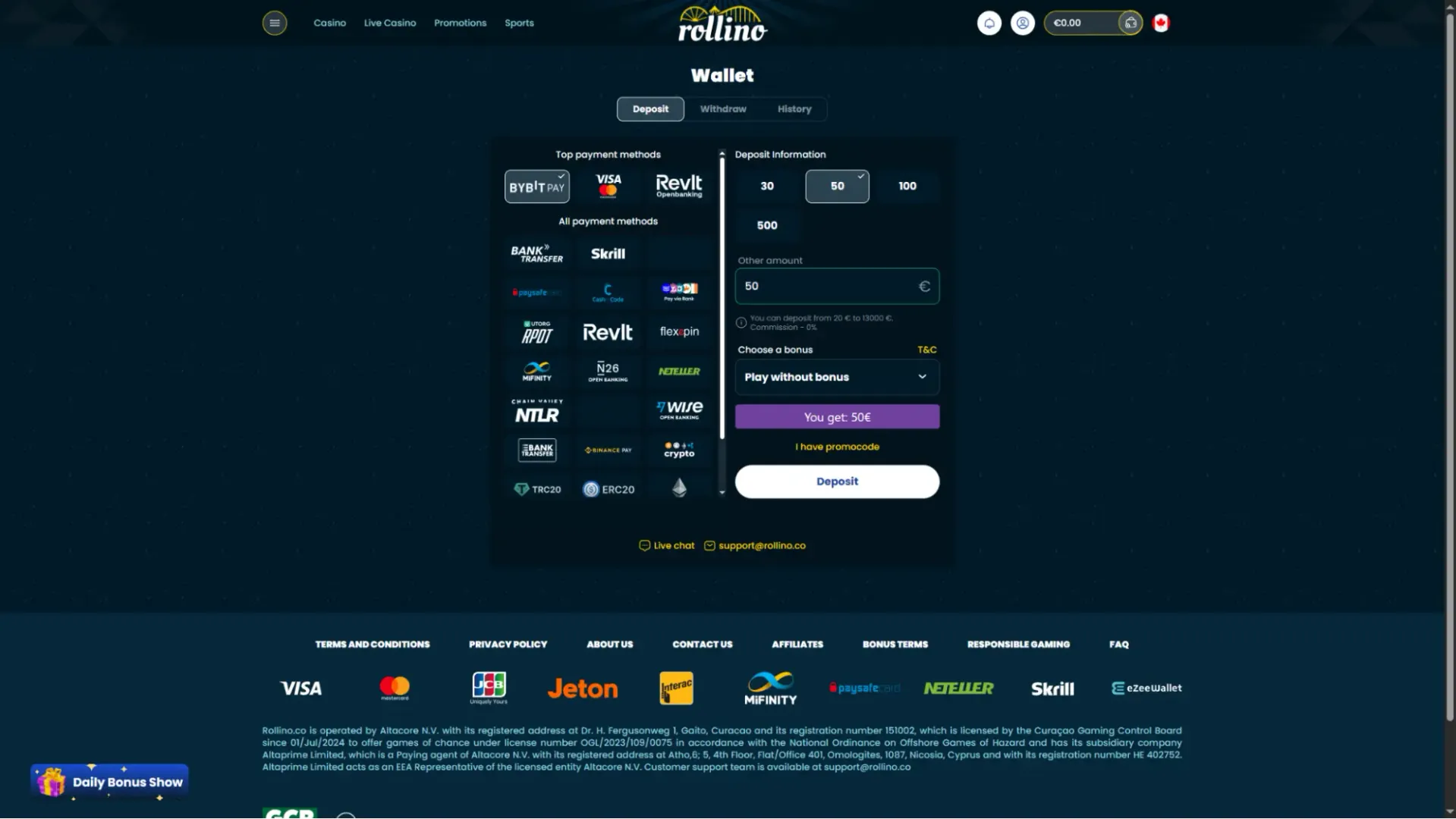 Rollino casino wallet