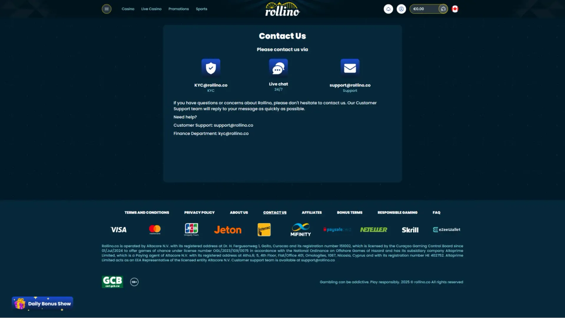 Rollino casino contact us