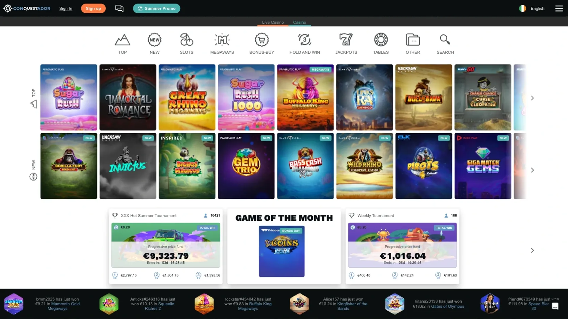 Game selection at Conquestador