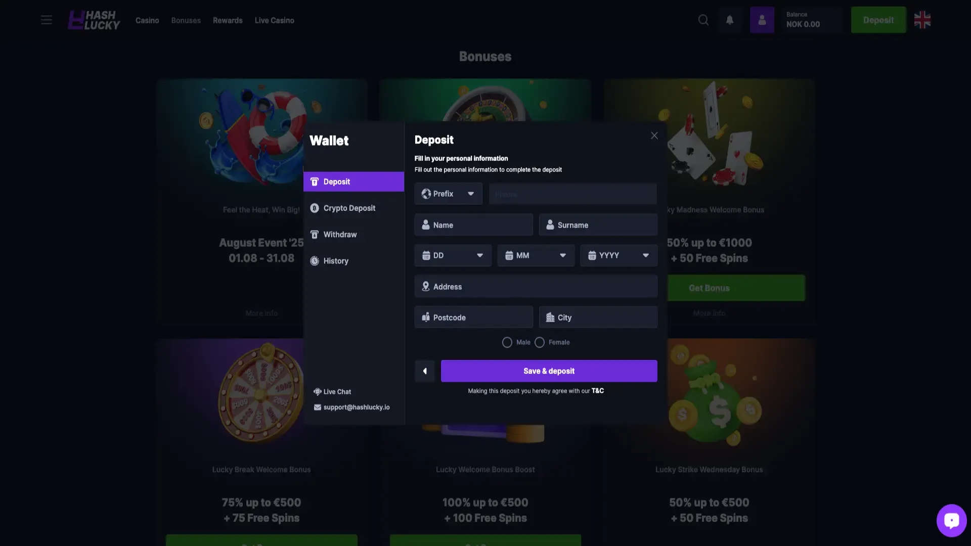 Hushlucky casino information required for deposit