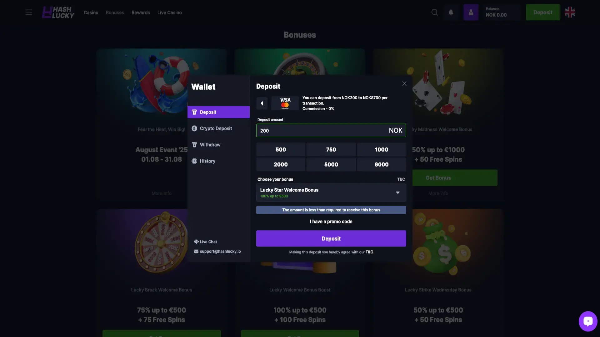 Hushlucky casino deposit in NOK