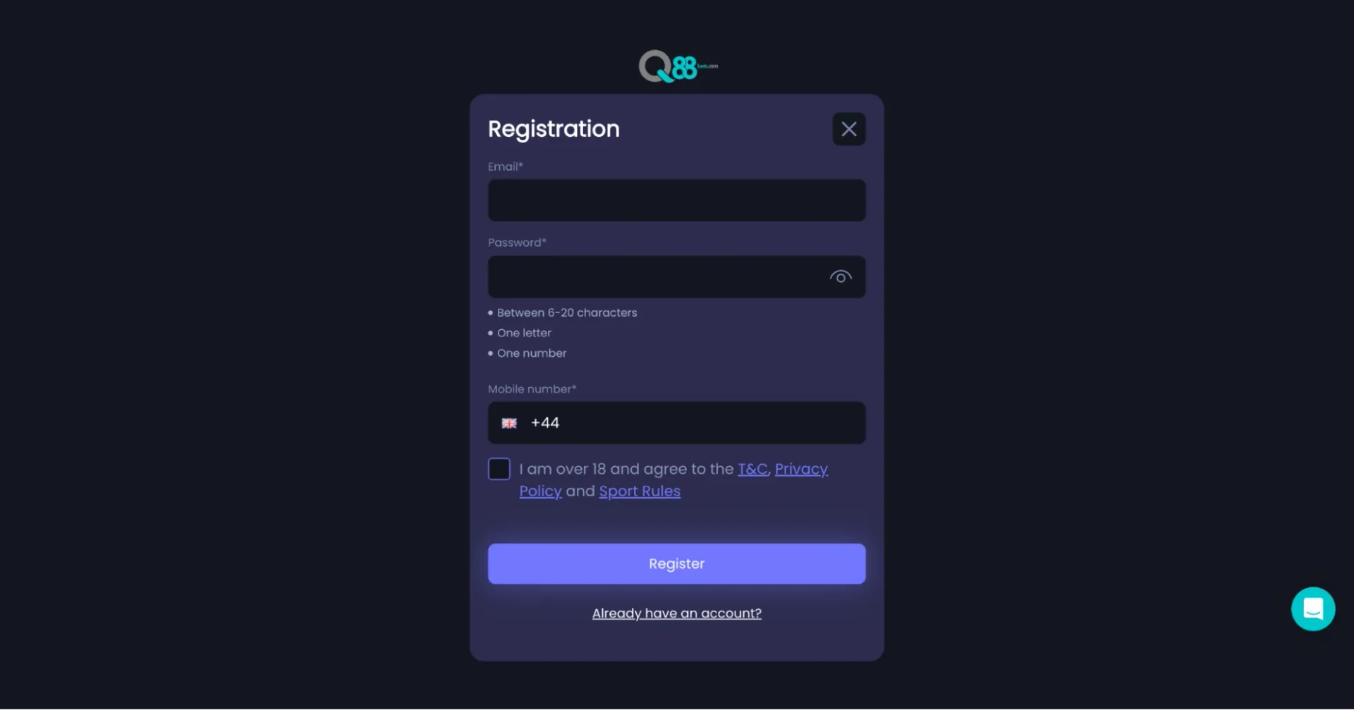 Sign up process at Q88 Casino