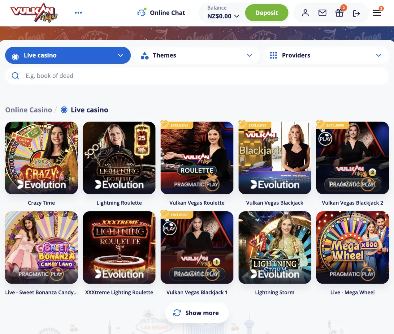 Live slot selection at Vulkan Vegas