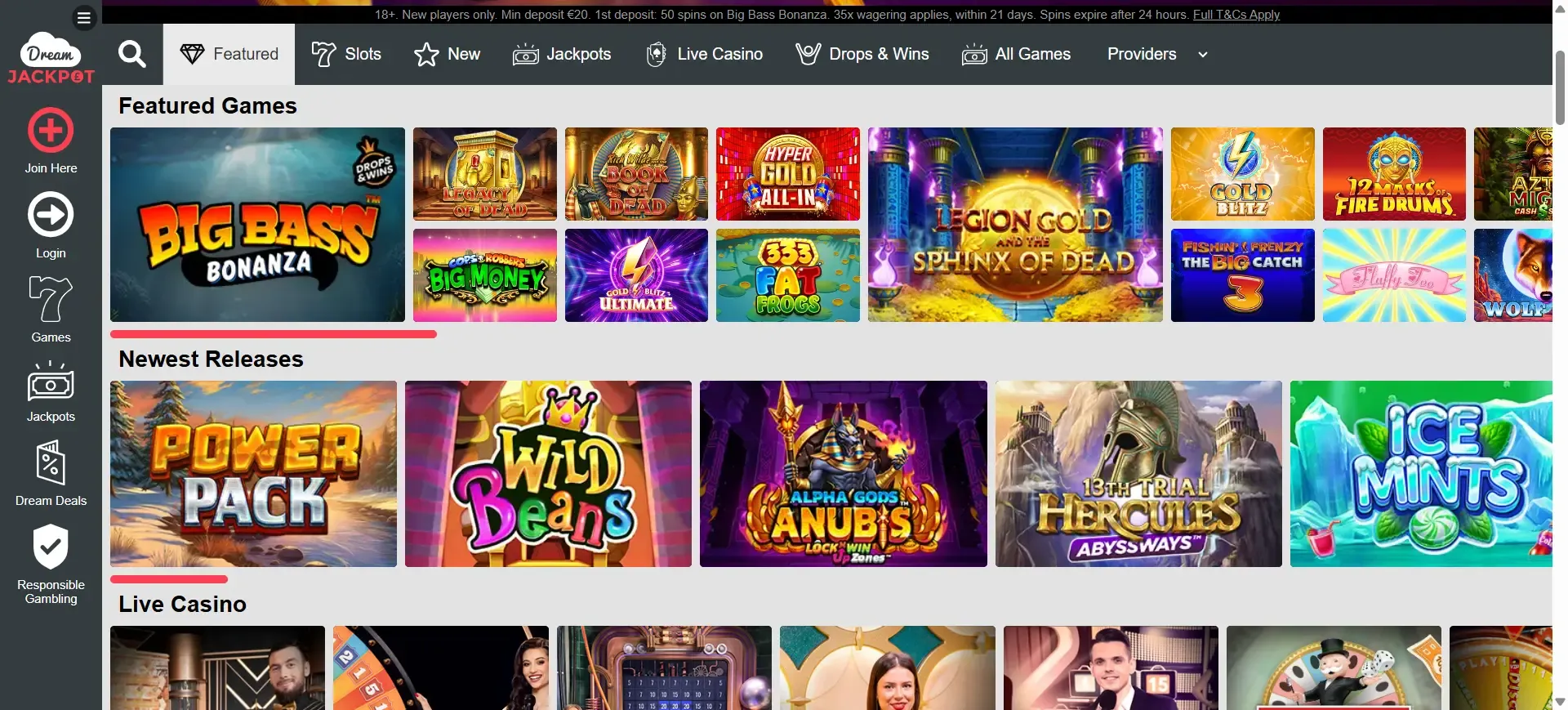 Dream Jackpot casino featured games