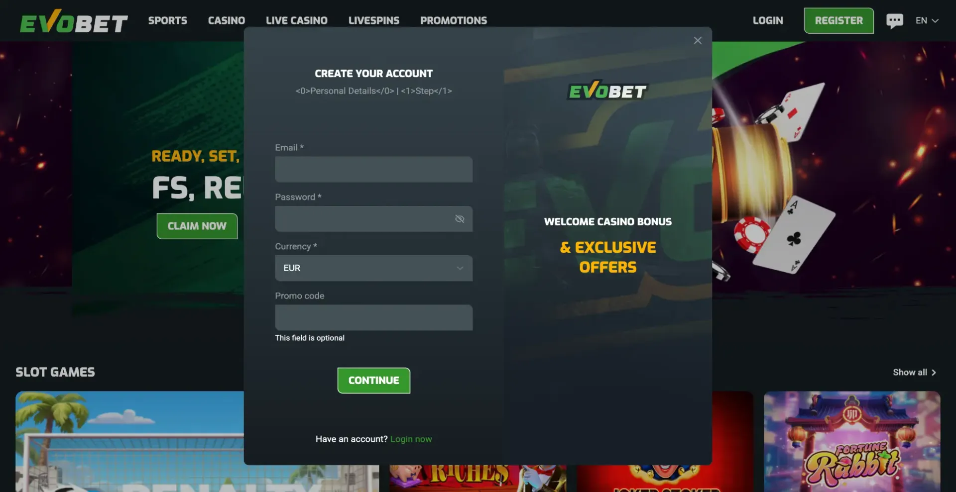 Sign up at Evobet