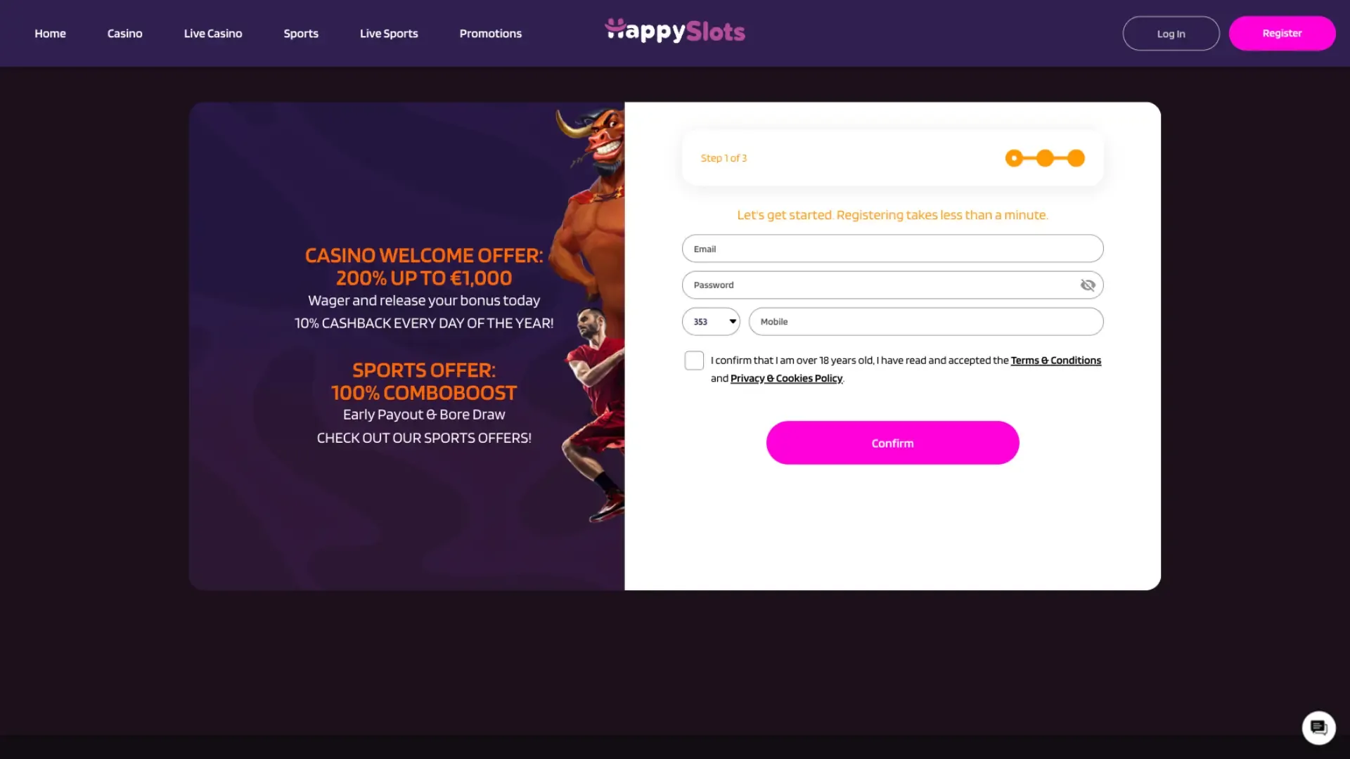 HappySlots sign up step 1
