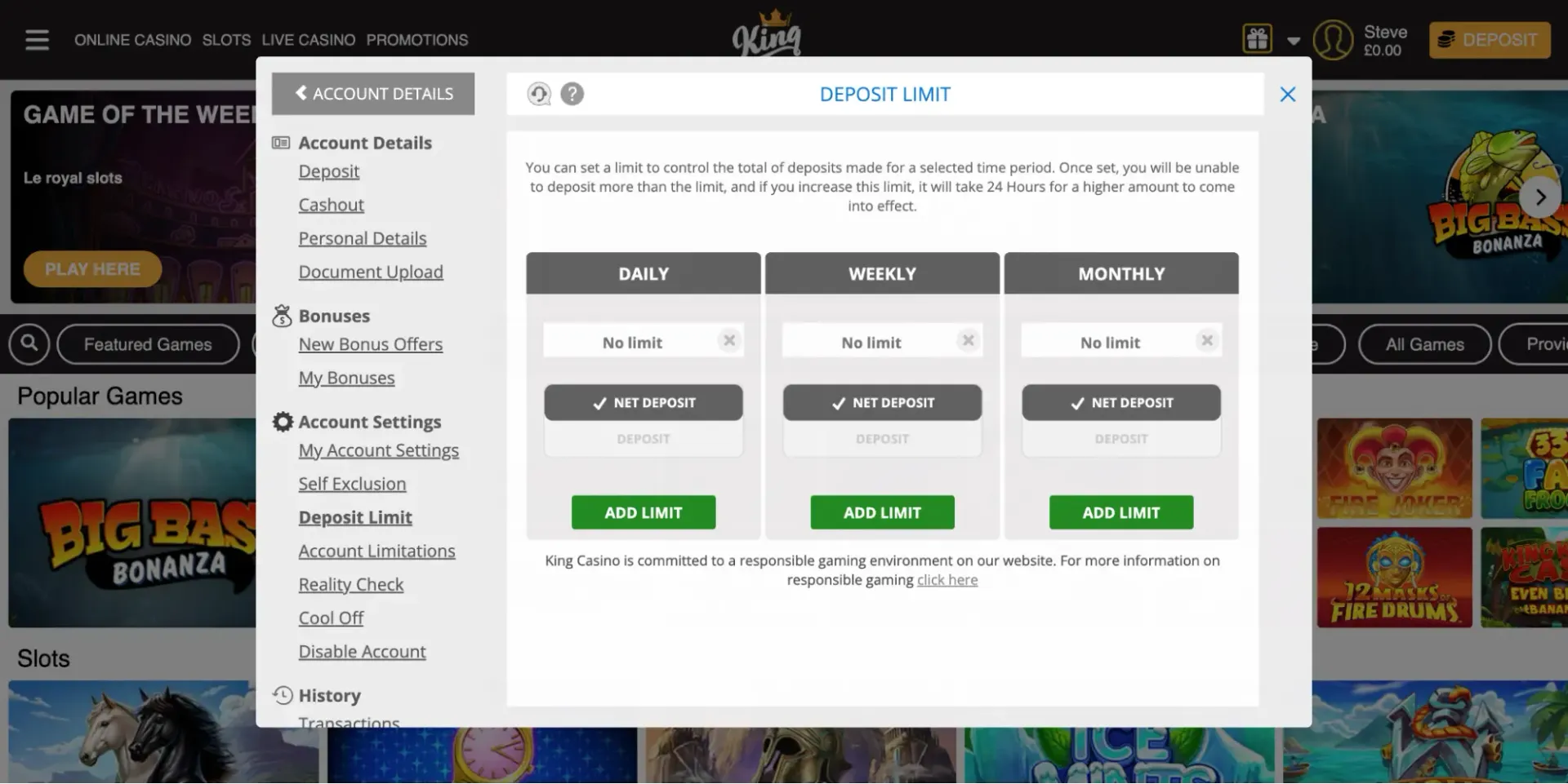 King Casino deposit limits