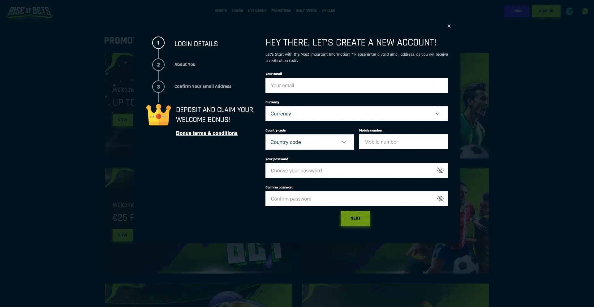 Account creation at Rise of bets casino