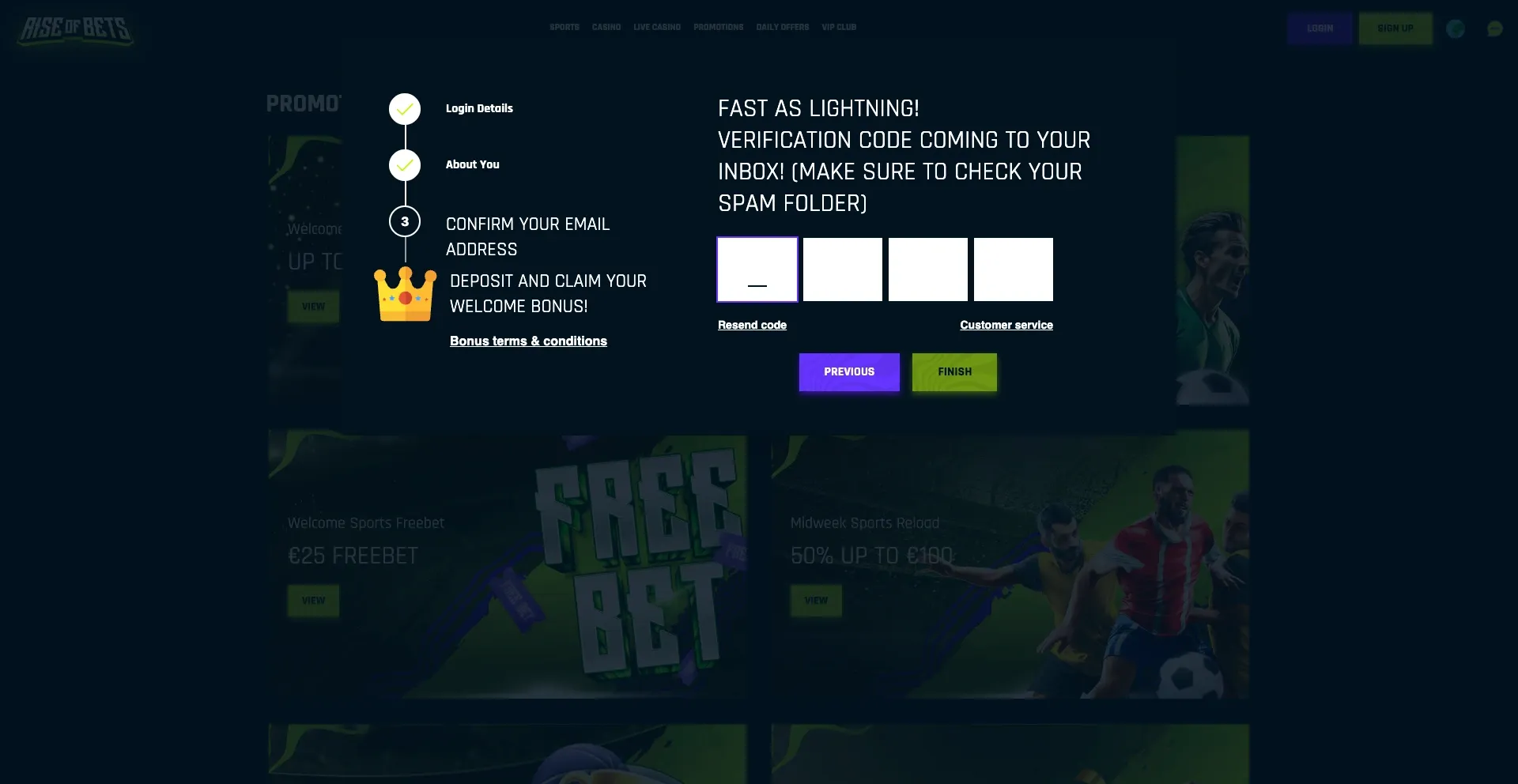 Verification code Rise of bets sign up process