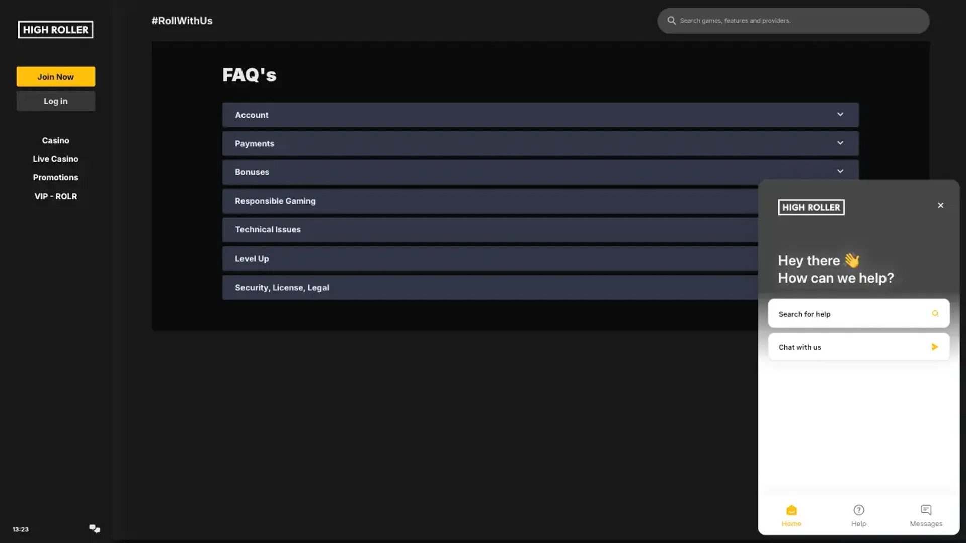 HighRoller FAQ section