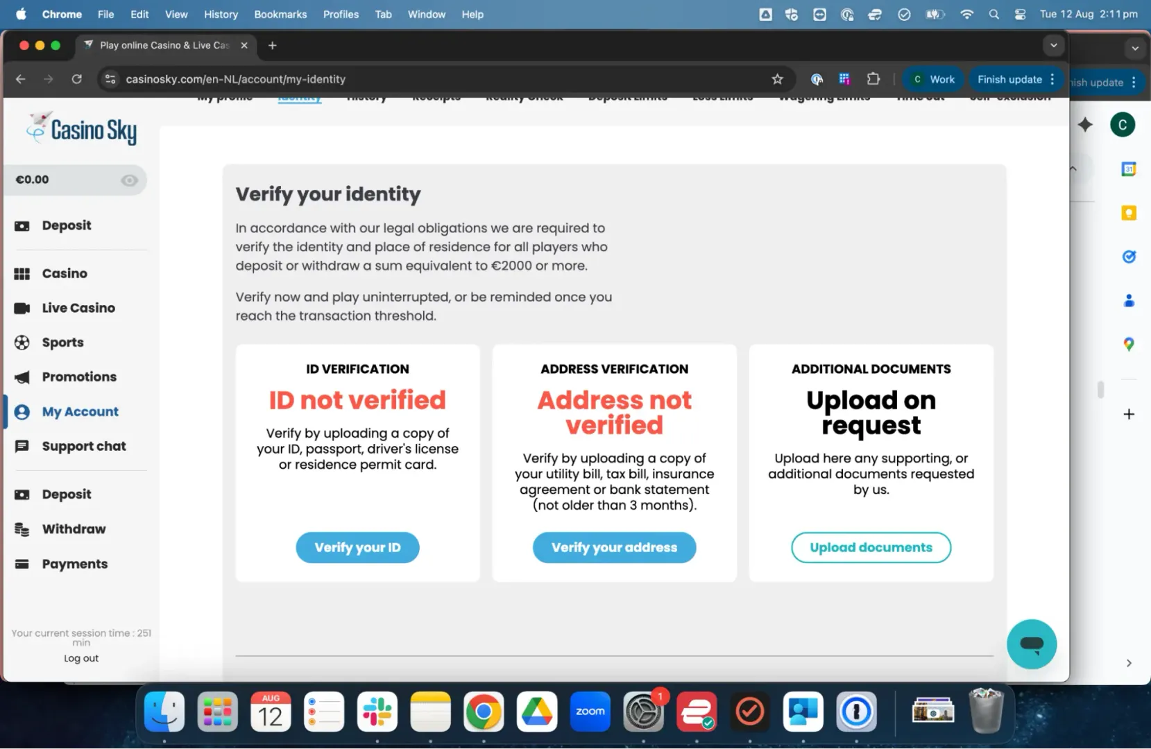 Casino Sky verify identity