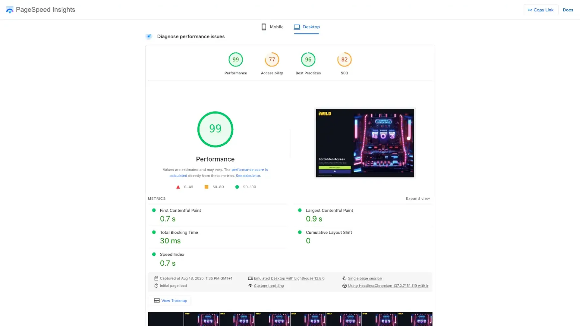 iWild casino page speed