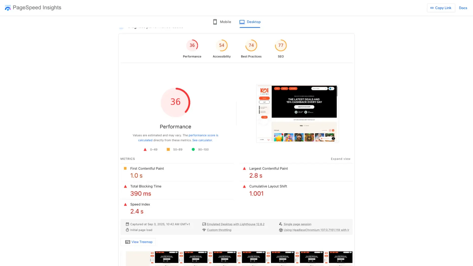 Koi Casino desktop page speed