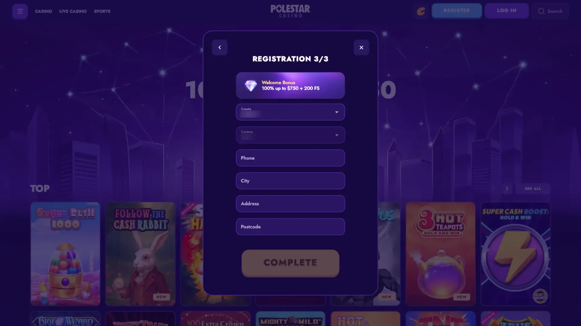 Polestar casino registration step 3
