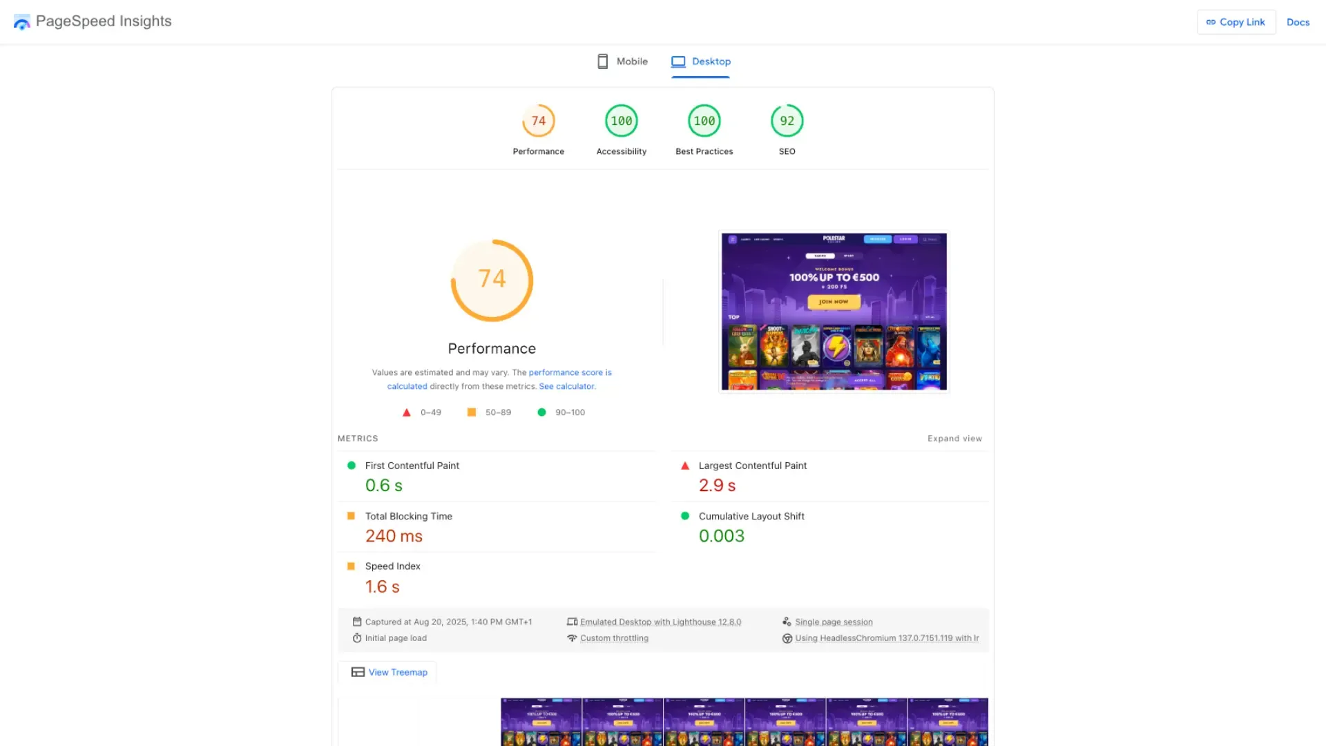 Polestar casino asino page speed desktop