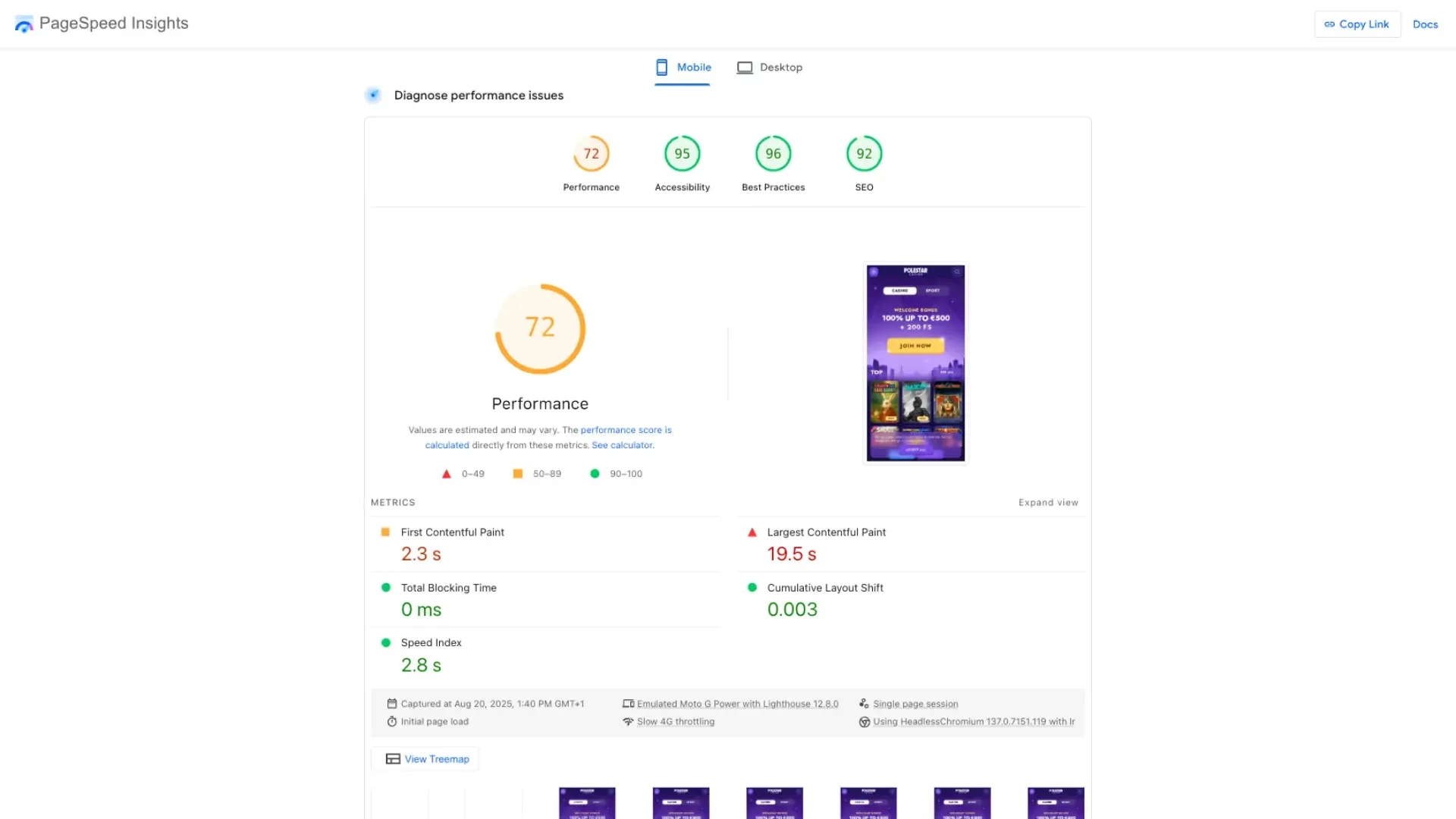 PoleStar casino mobile page speed