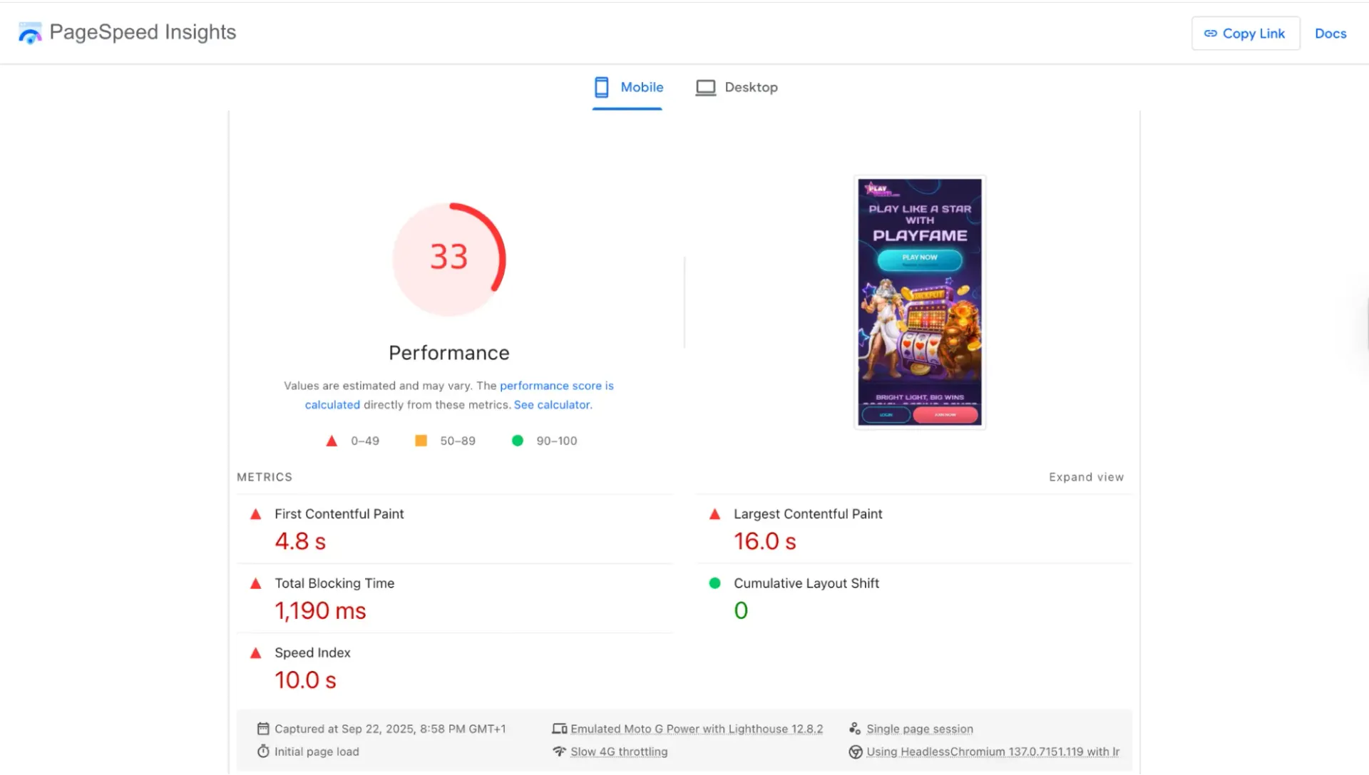 Playfame page speed
