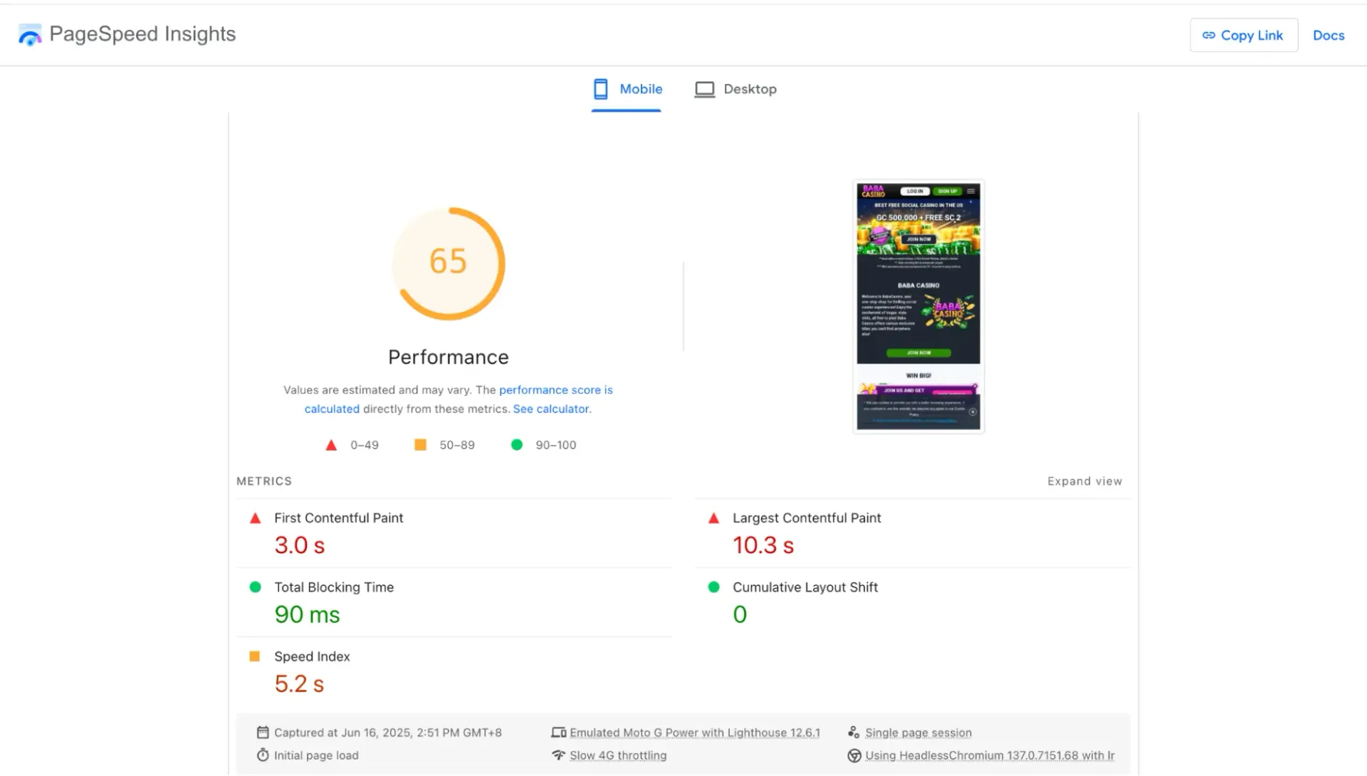 Baba Casino Page Speed