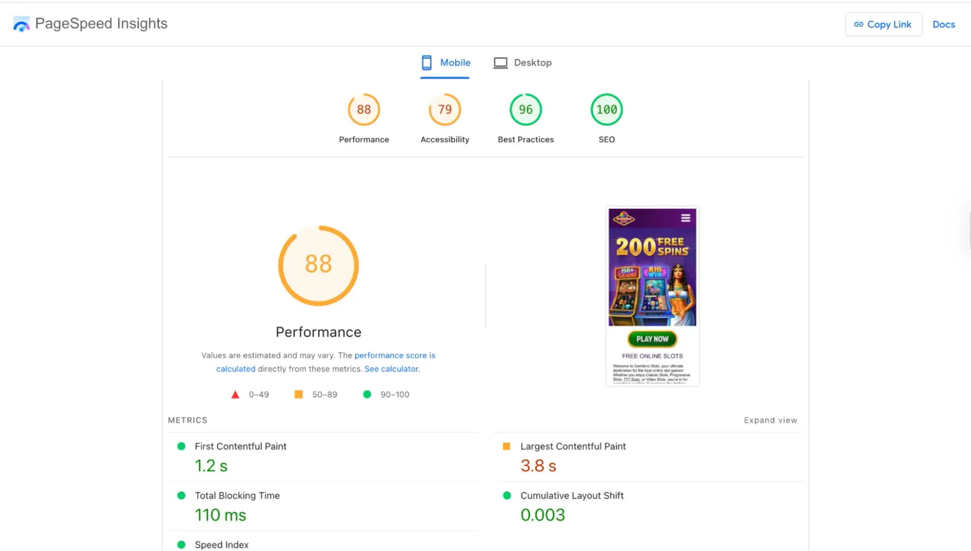 Gambino slots page speed
