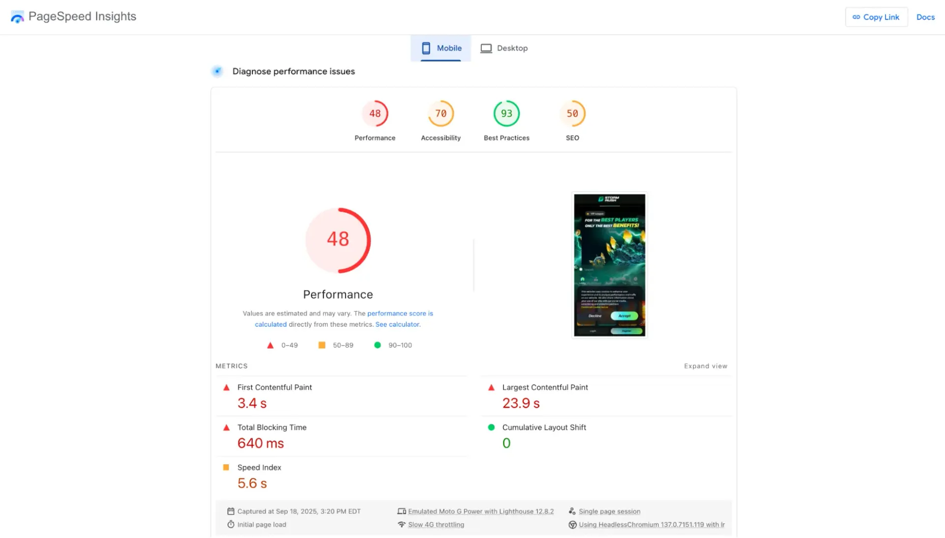 StormRush casino page speed