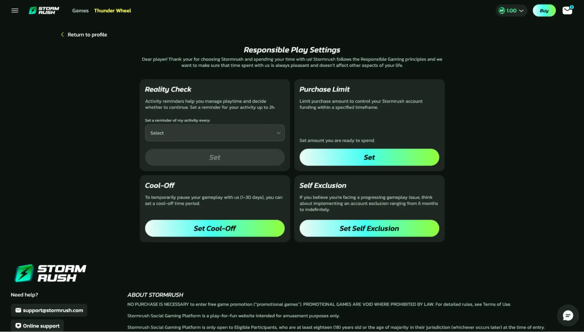 StormRush casino Responsible gaming
