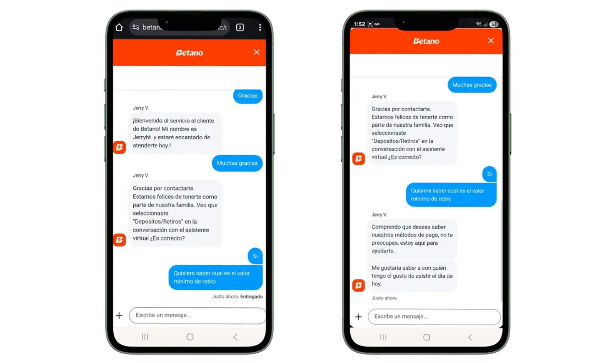 Captura del chat en vivo de Betano