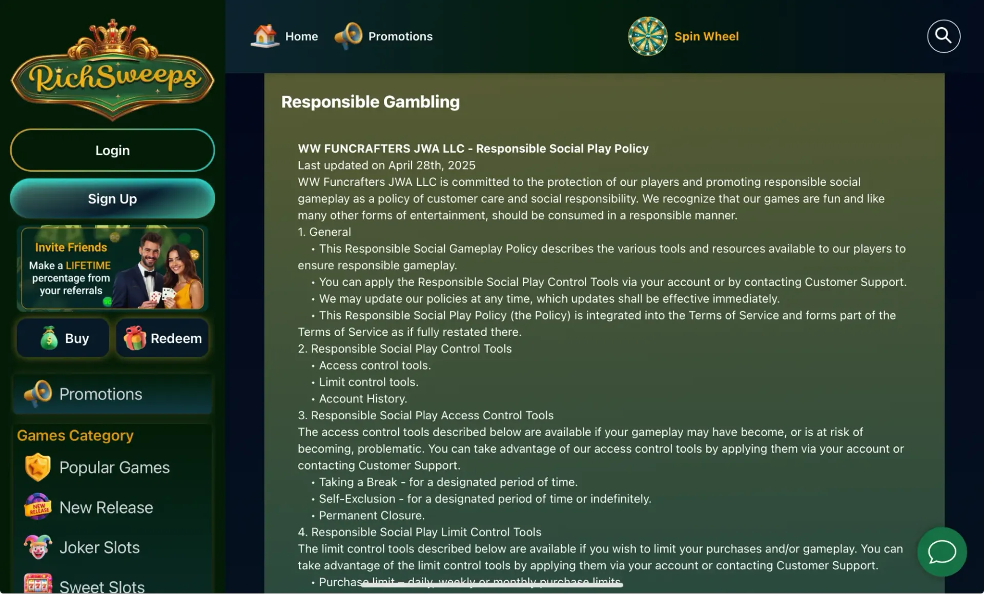 RichSweeps casino Responsible gaming