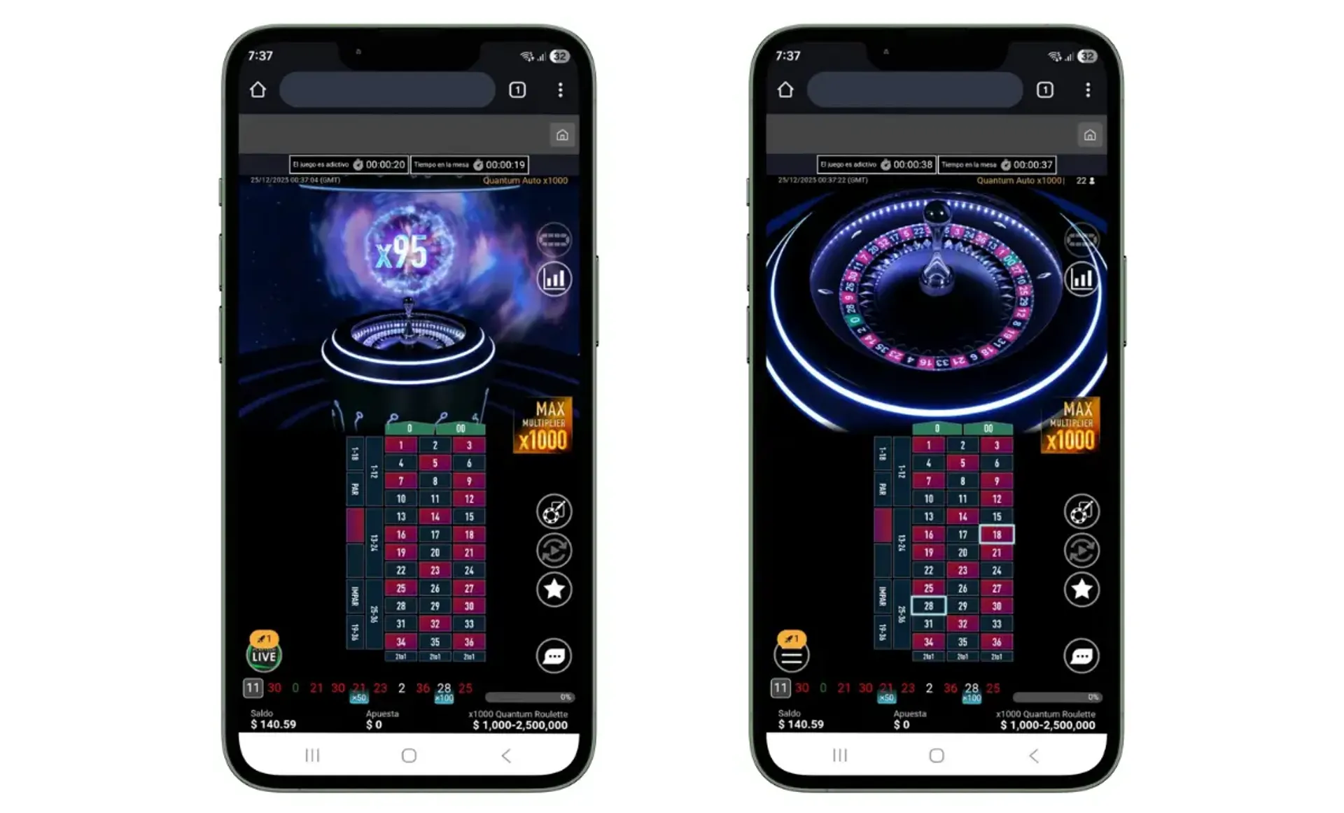 Captura de un juego de ruleta en vivo desde el casino español Luckia