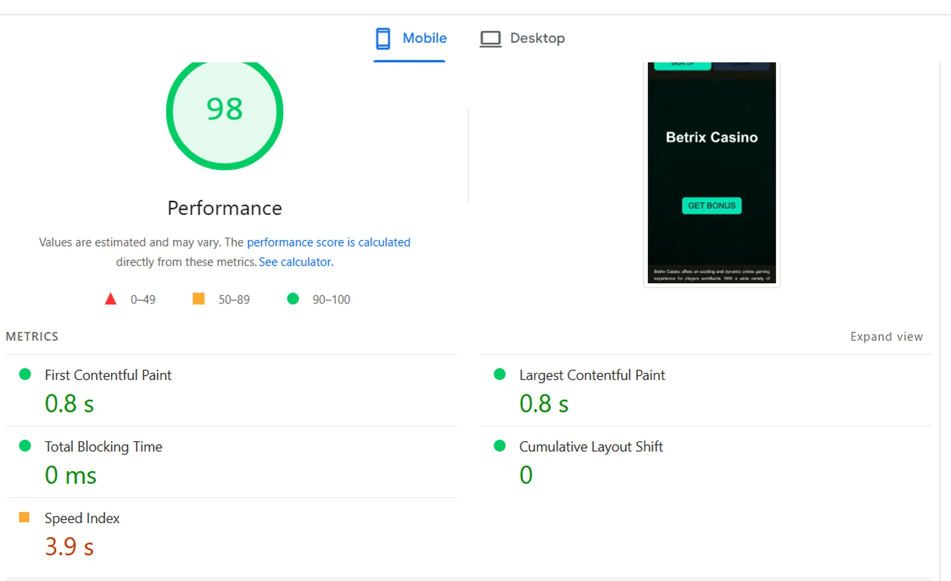Betrix Casino Page Speed